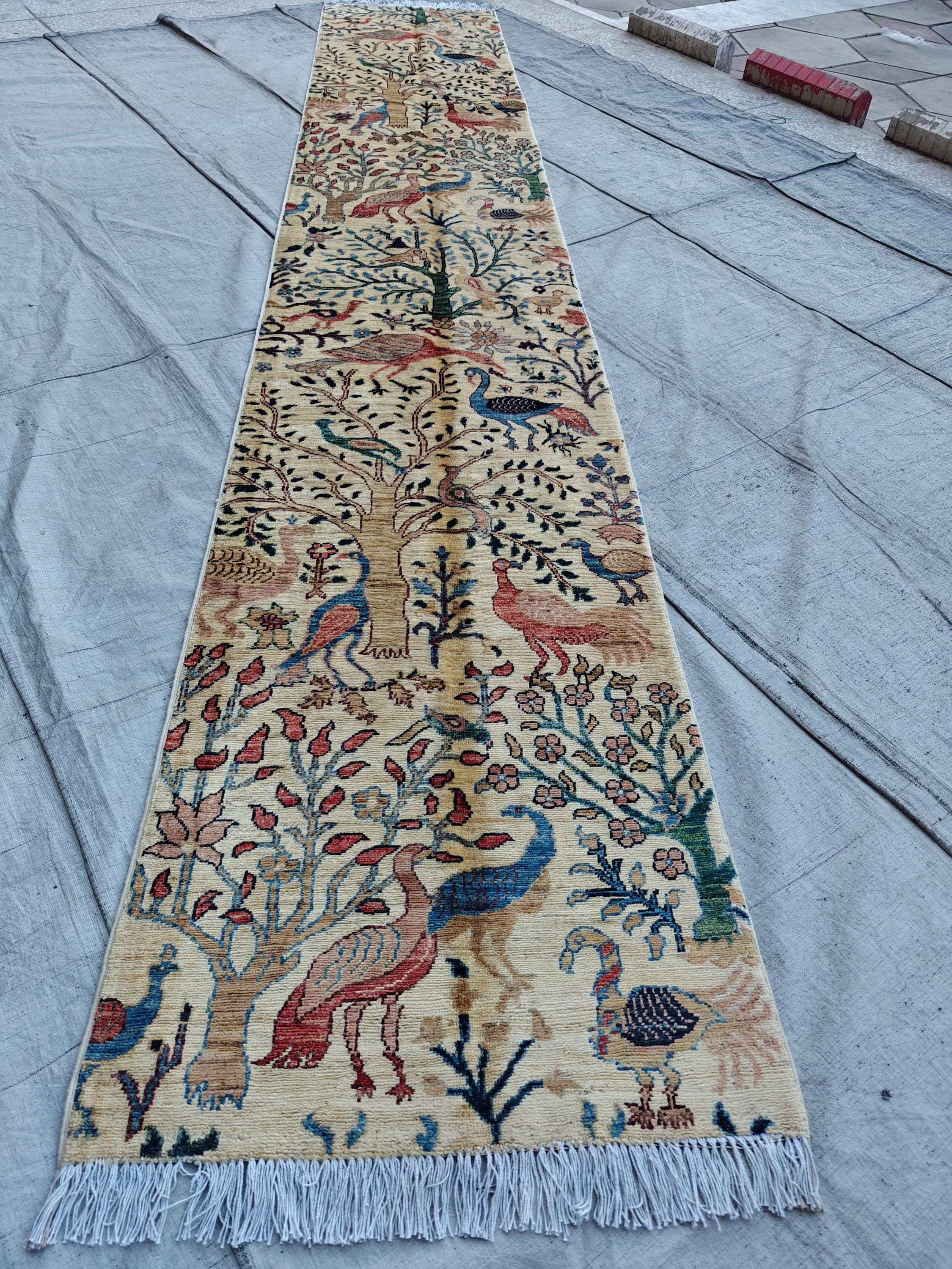 14x2 Runner Peacocks Pattern Rug Elegant and Vibrant Home Décor, Hallway Runner, Entryway Runner, Long Narrow Rug, Beige Runner, 13.8x2.3