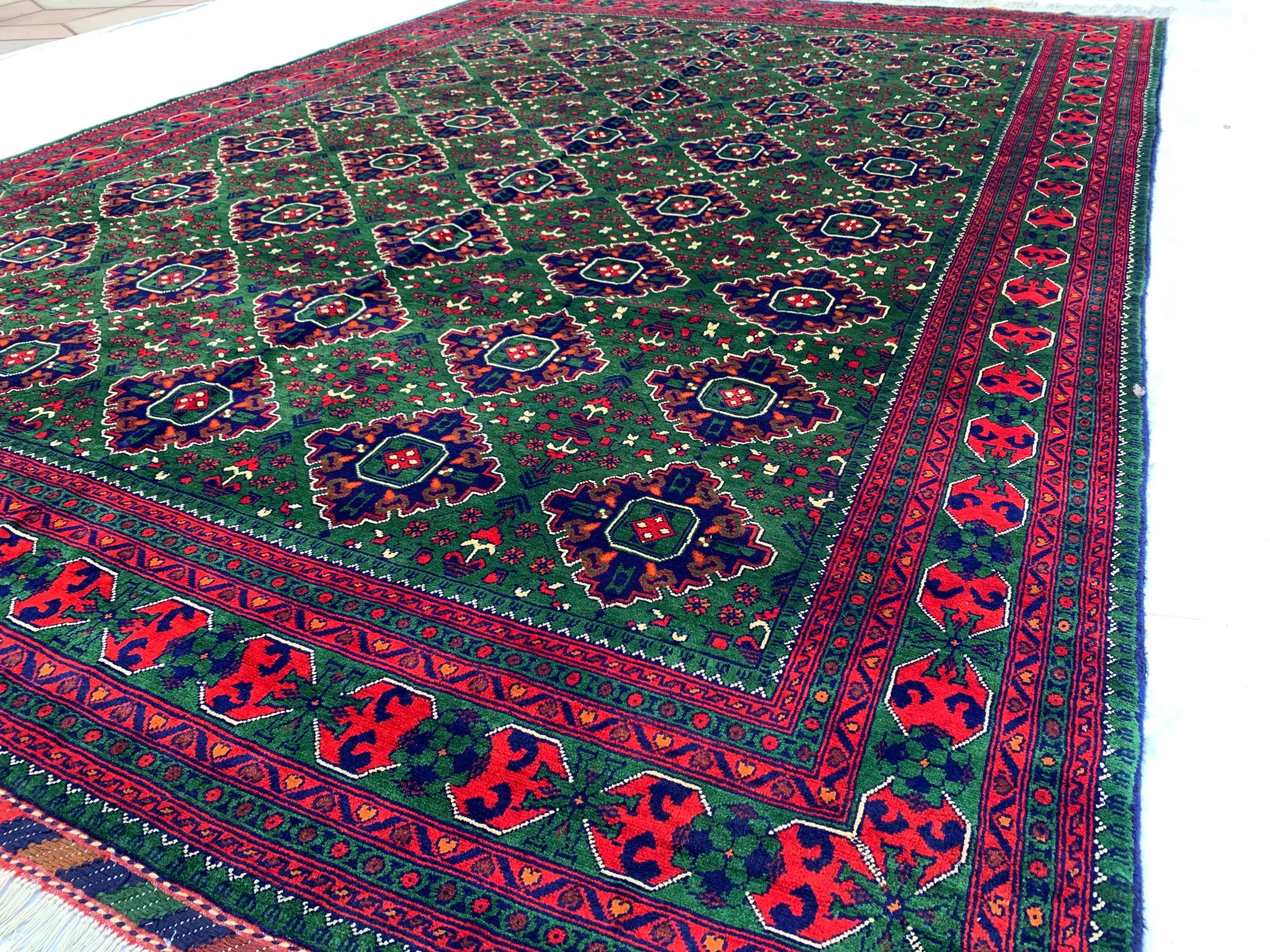 10x12 Hand-Knotted Deep Green, Red and Blue, Soft and Durable Afghan Wool Carpet, Tribal Oriental Area Rug, Rug For Living Room, 11.5x9.6