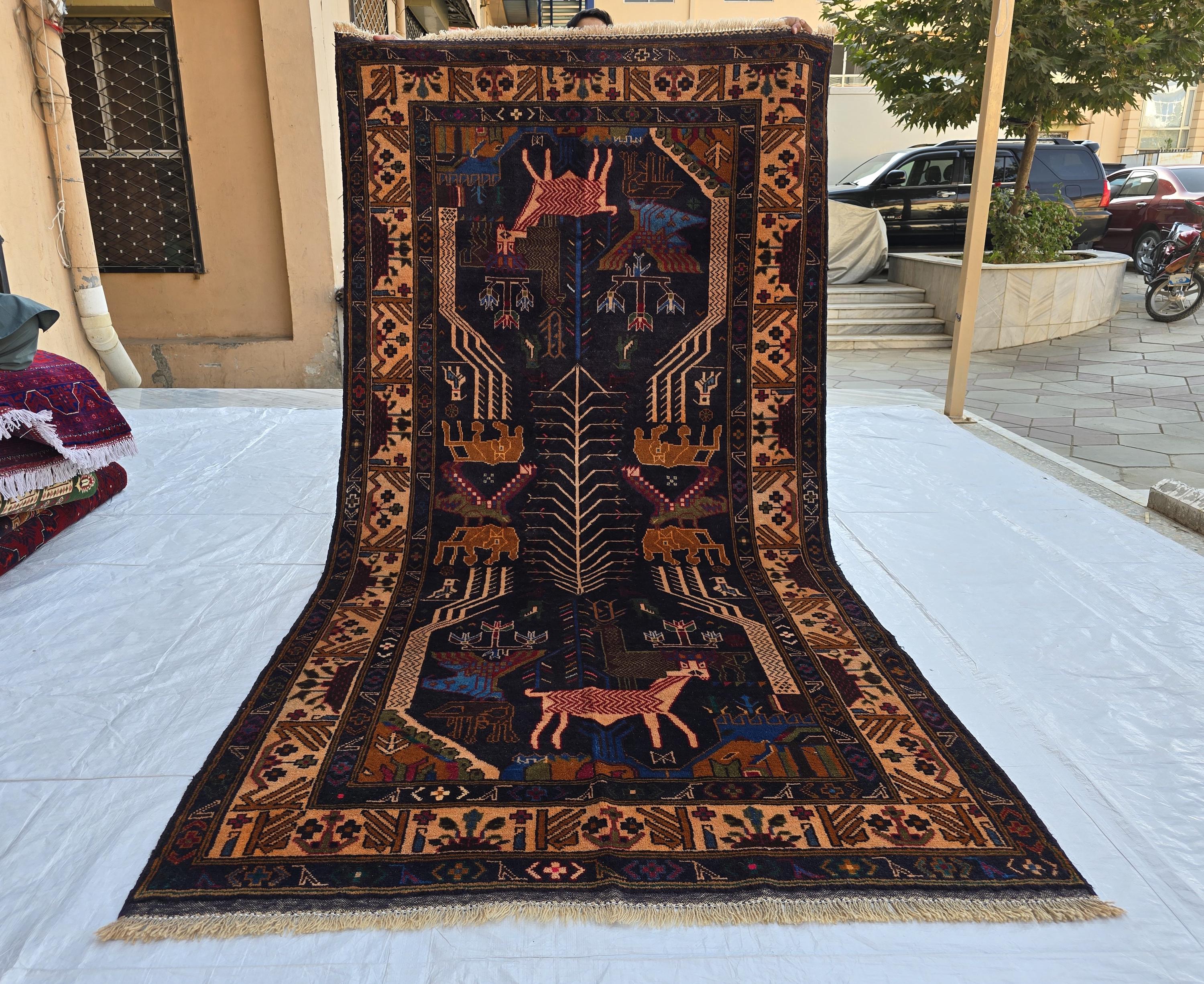 4x9 Vintage Afghan War Rug – Handwoven Tribal Rug with Animal & Tank Motifs –Dark Wool Baluch Carpet, Hallway rug, Living Room, Entrance Rug