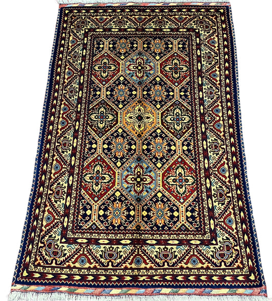 Afghan Hand Knitted/Knotted Living / Dining Room Wool Woven Rug Size 5ft x 3ft (KA-M-5X3-Y/B-N) Marinous Kashani New - Kabul Rugs