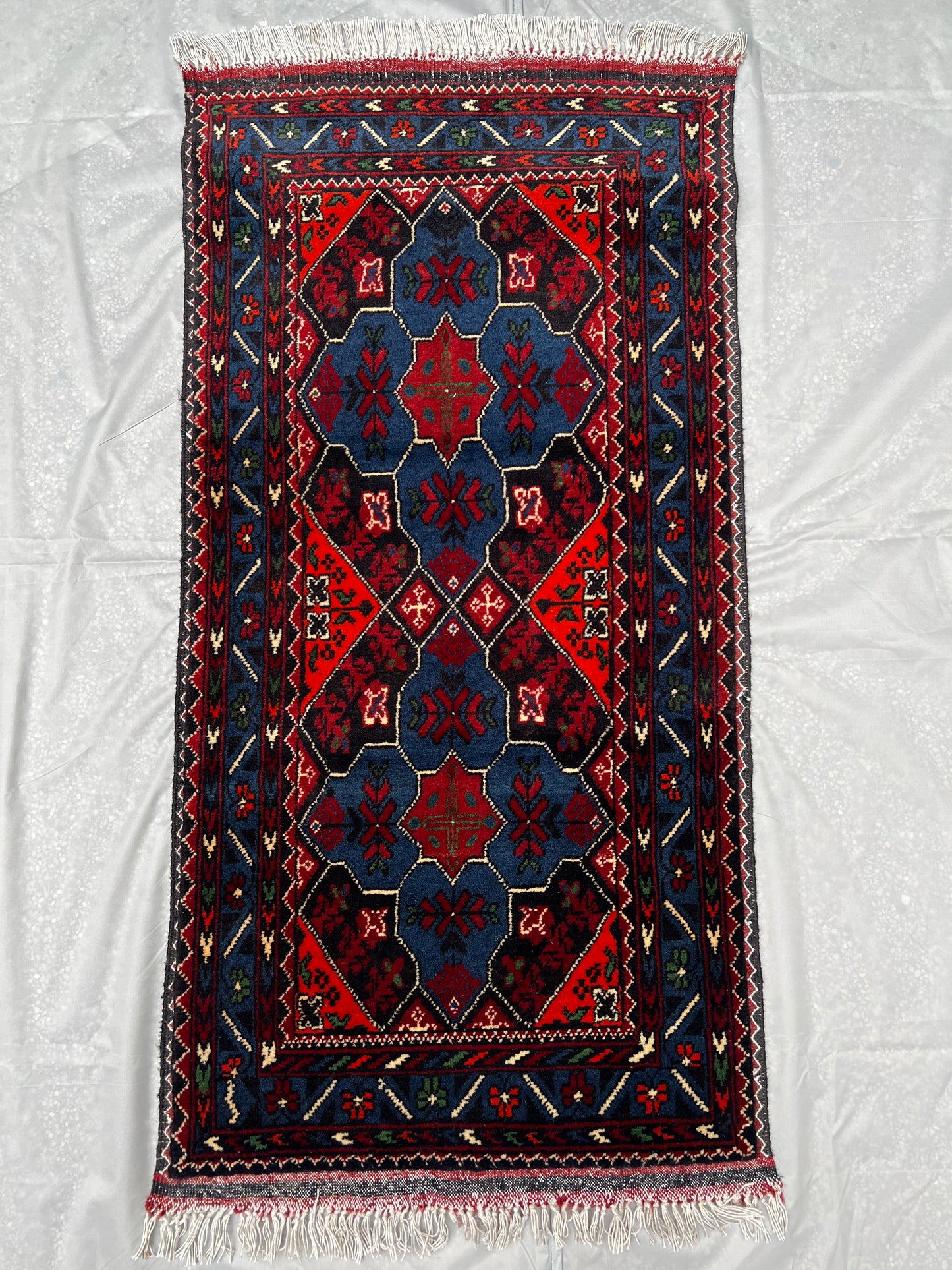 Afghan Hand Knitted Wool Woven Scatter Rug 3ft x 2ft (KM-A-3X2-B/R/W-N) Khal Muhammadi (Andkhoy) - Kabul Rugs