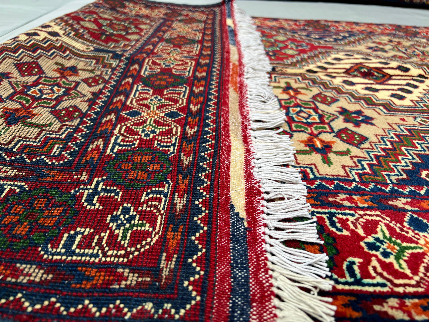 Hand Knitted/ Knotted Hallway Runner Yousuf Bayi Merino 7ftx3.1ft (YB-RU-7X3-DB/R/Y-N) (Mazar-e-Sharif) - Kabul Rugs