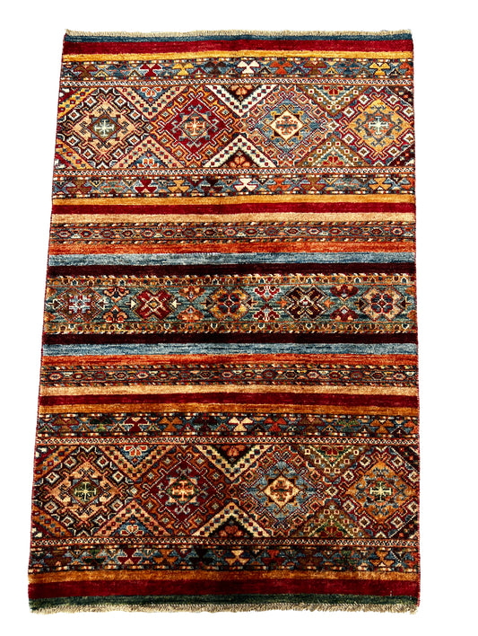 Afghan Hand Knotted/ Knitted Living Room/Dining Room Chob Rang(Shawl Design) Area Rug 4.2ftx2.7ft (CH-M-4.20X2.72-VAR-2-N) (Kabu) - Kabul Rugs