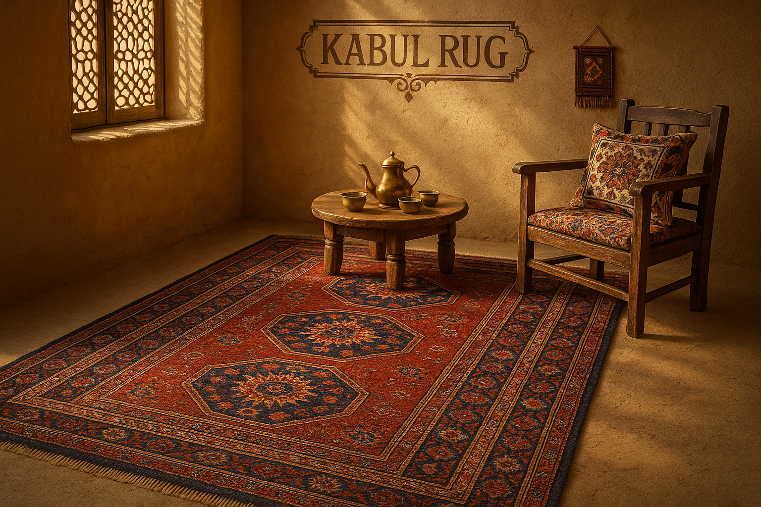 can you write  “KABUL RUG” written prominently on the wall (in elegant signage), while maintaining the authentic,