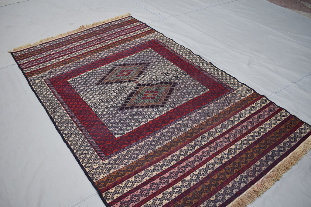 Collectible Rug 7.3 x 4.4 Ft Antique Yamood Sumak Kilim Rug– Handwoven, Authentic Tribal Design, Vintage Home Decor, Living Room Rug