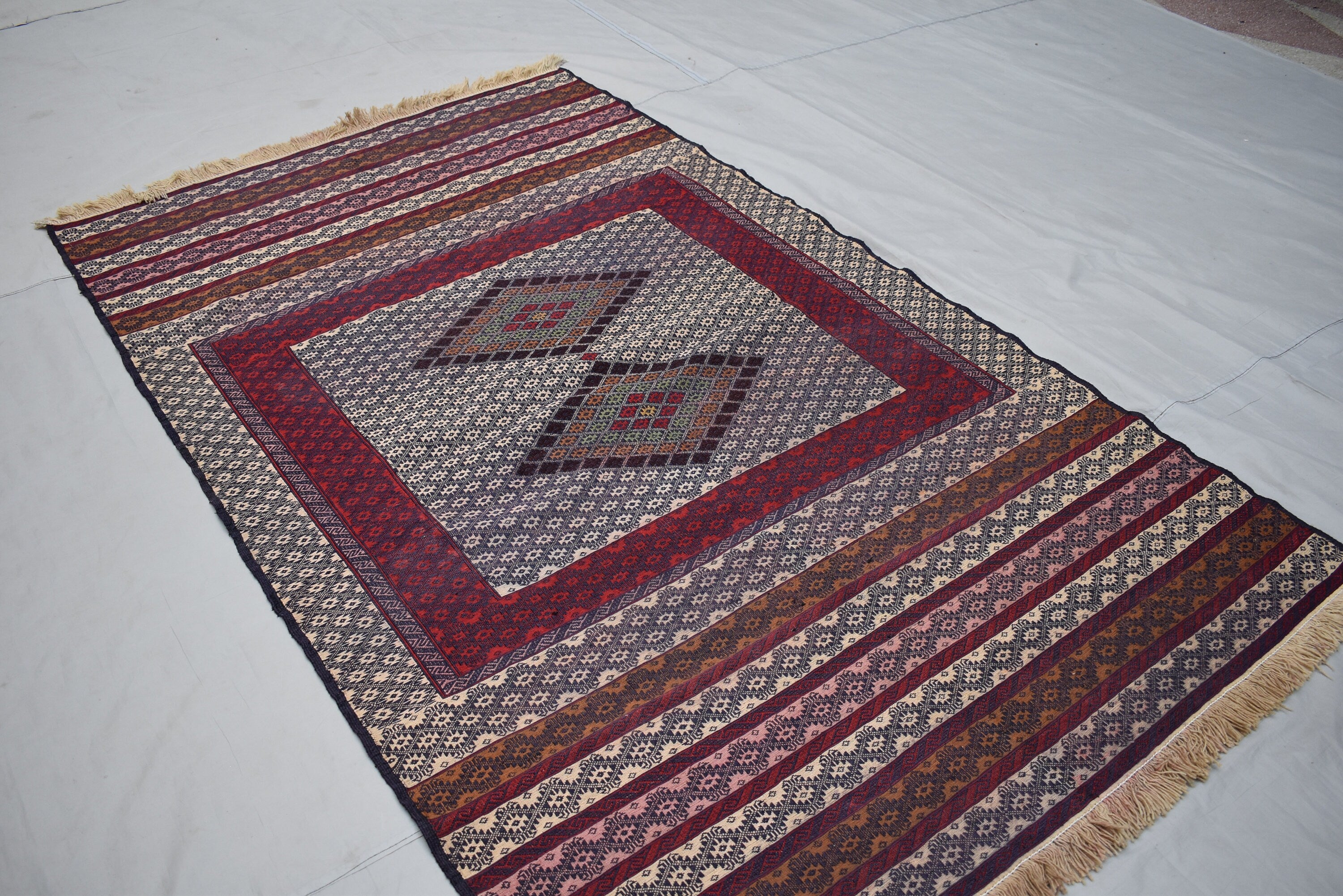 Collectible Rug 7.3 x 4.4 Ft Antique Yamood Sumak Kilim Rug– Handwoven, Authentic Tribal Design, Vintage Home Decor, Living Room Rug