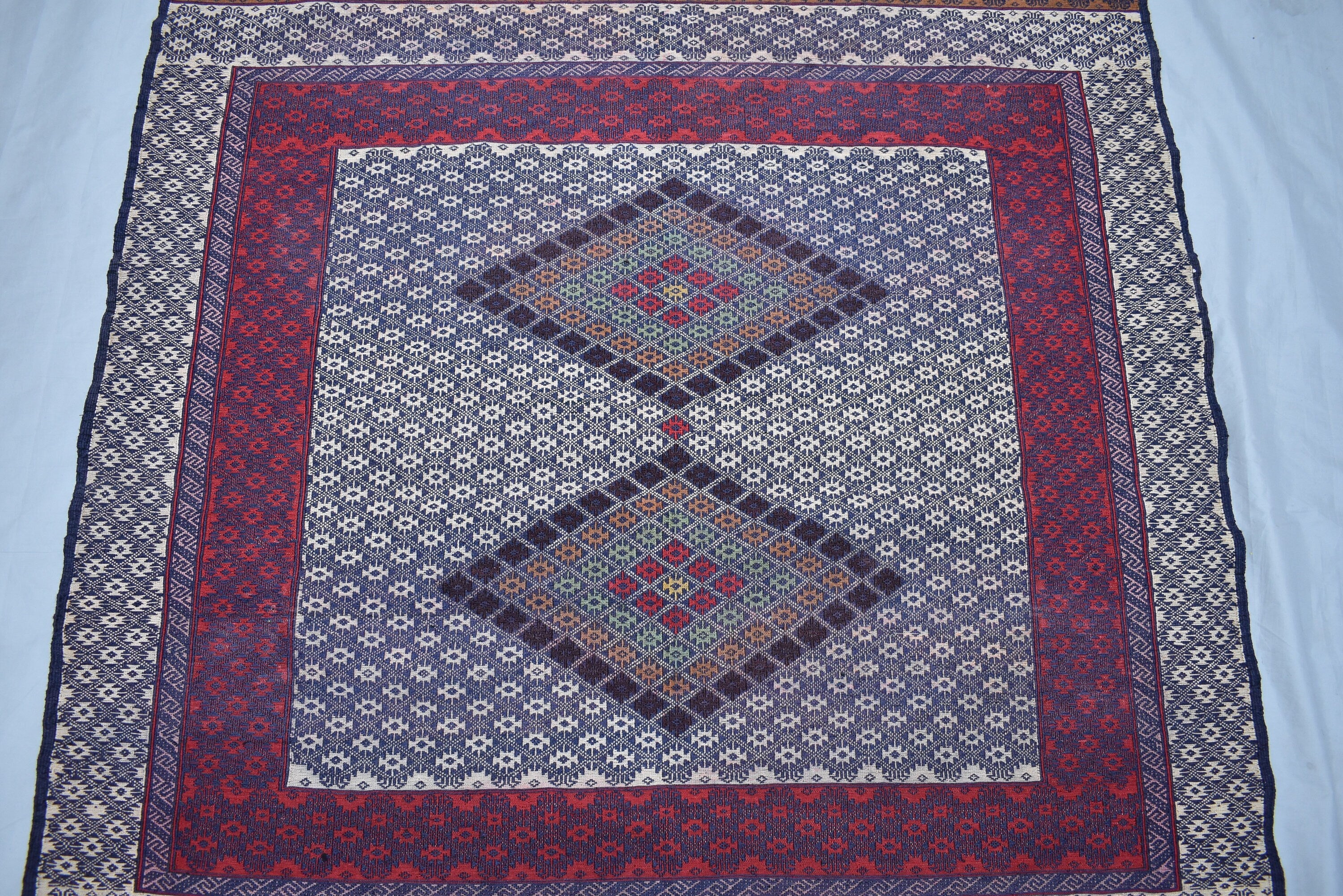 Collectible Rug 7.3 x 4.4 Ft Antique Yamood Sumak Kilim Rug– Handwoven, Authentic Tribal Design, Vintage Home Decor, Living Room Rug