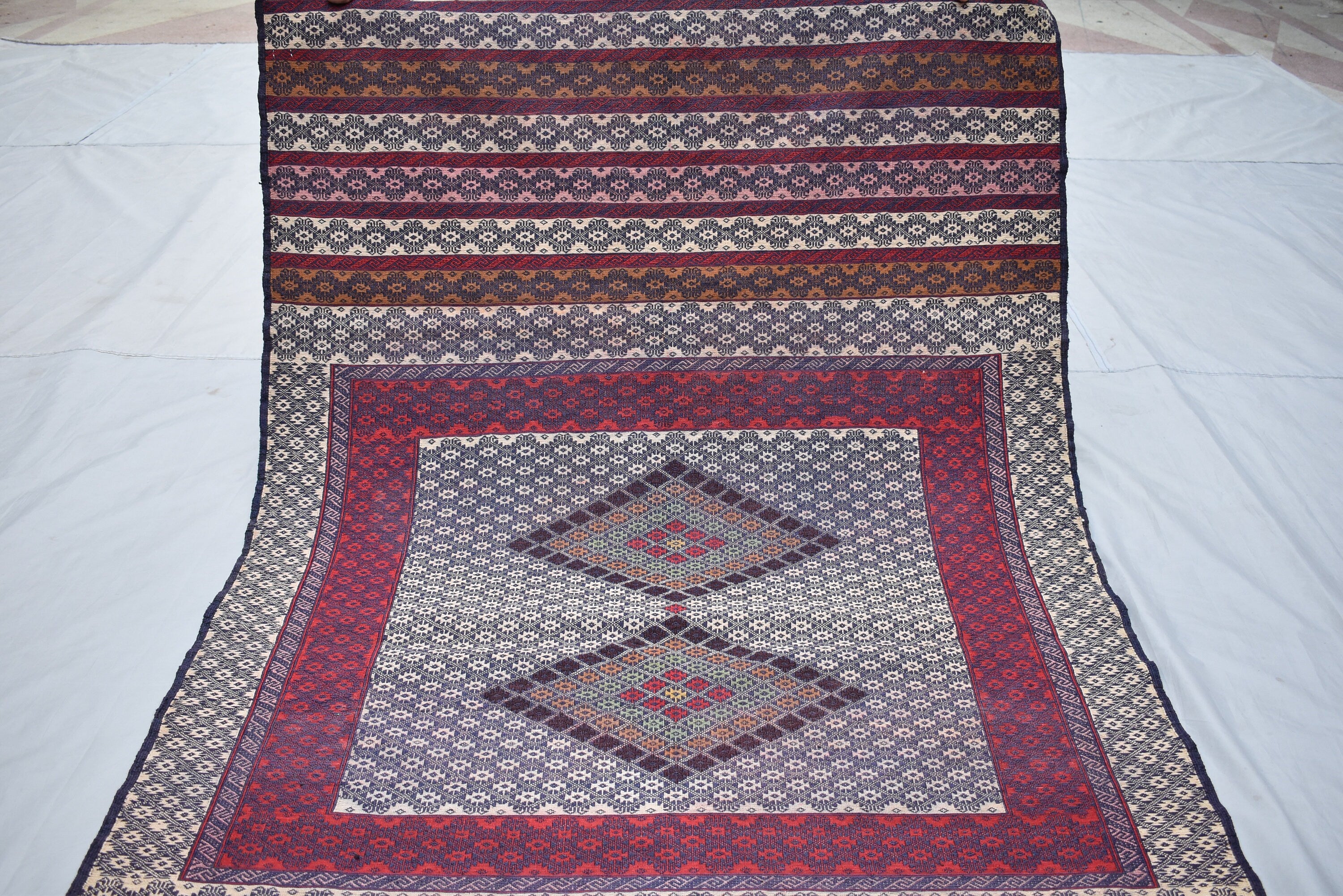 Collectible Rug 7.3 x 4.4 Ft Antique Yamood Sumak Kilim Rug– Handwoven, Authentic Tribal Design, Vintage Home Decor, Living Room Rug
