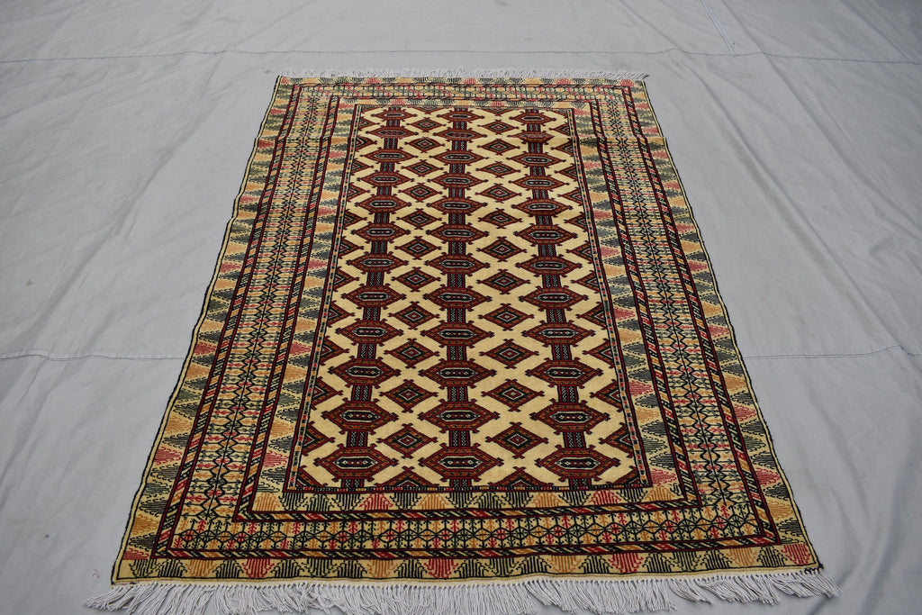 4x6 Beige Vintage Rug, Afghan Hand Knotted Wool Area Rug-Tribal Turkoman Rug-Bukhara Tekke Oriental Rug-Antique Living Room Bedroom Rug