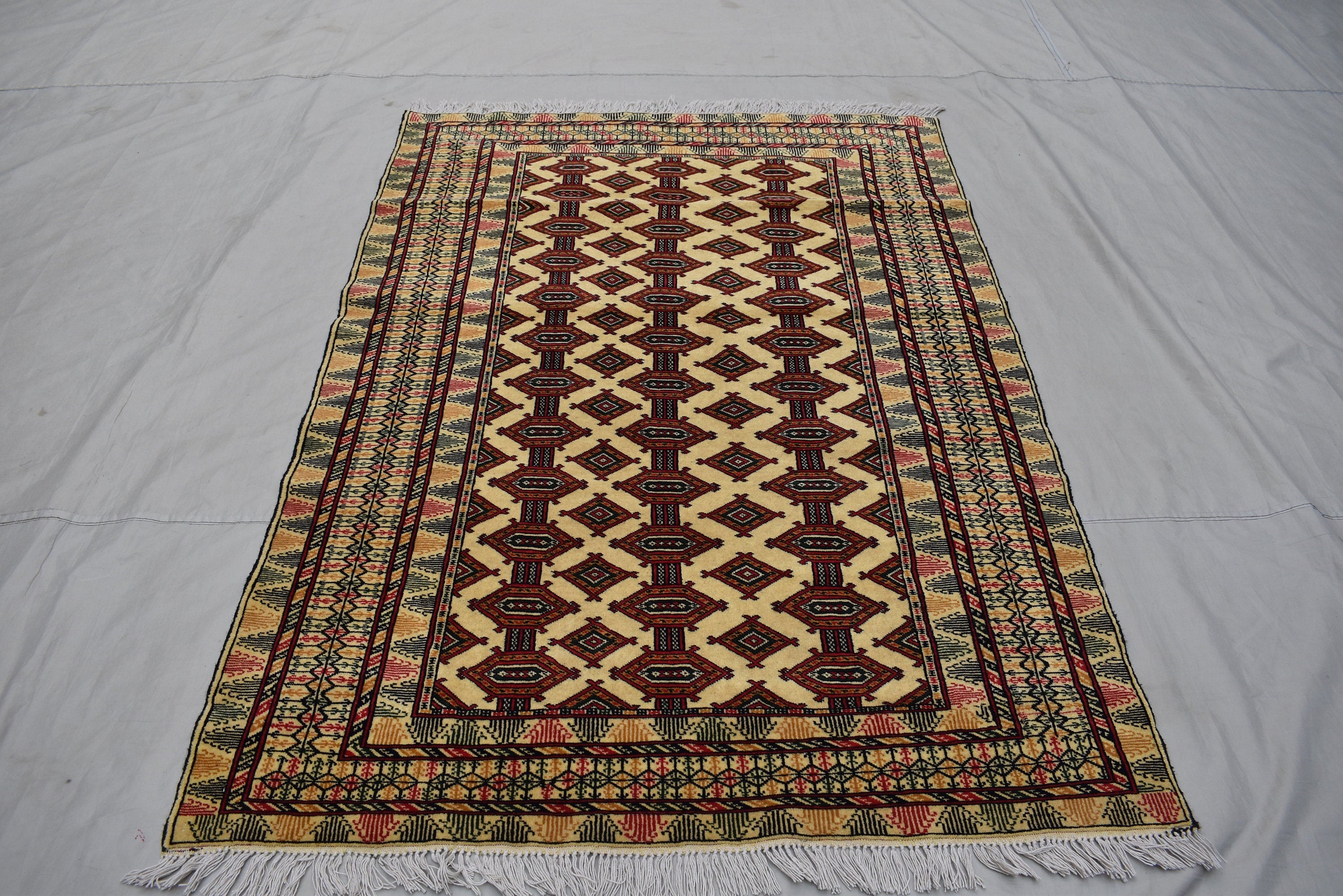 4x6 Beige Vintage Rug, Afghan Hand Knotted Wool Area Rug-Tribal Turkoman Rug-Bukhara Tekke Oriental Rug-Antique Living Room Bedroom Rug