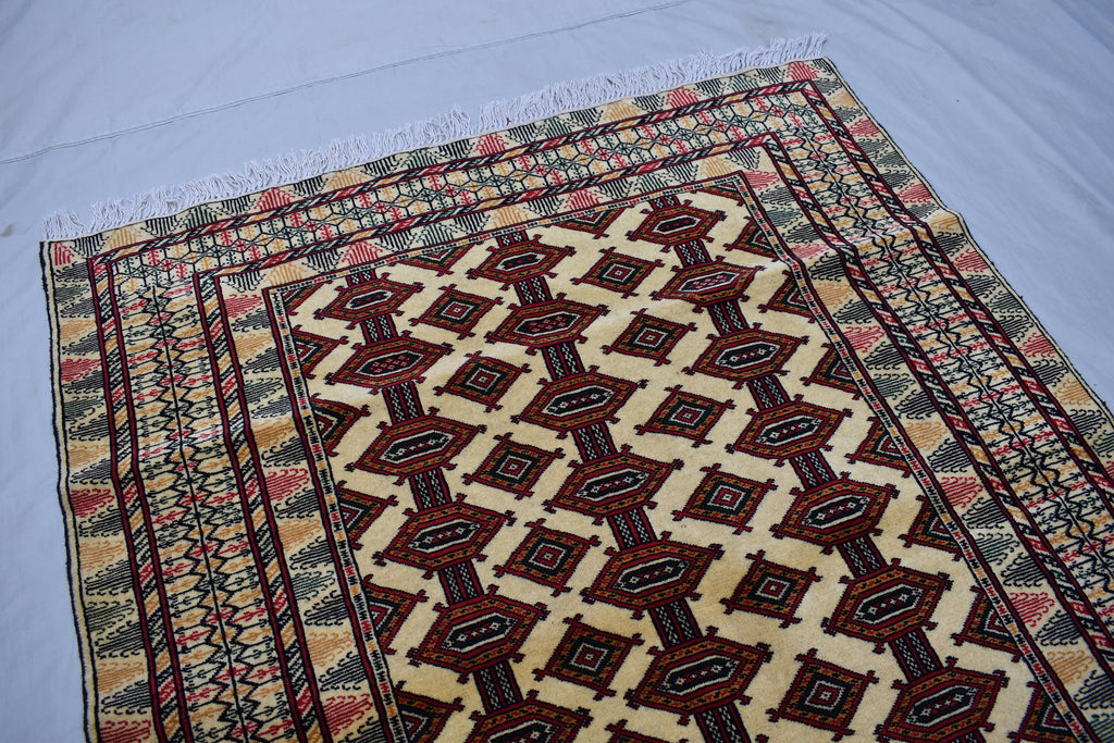 4x6 Beige Vintage Rug, Afghan Hand Knotted Wool Area Rug-Tribal Turkoman Rug-Bukhara Tekke Oriental Rug-Antique Living Room Bedroom Rug