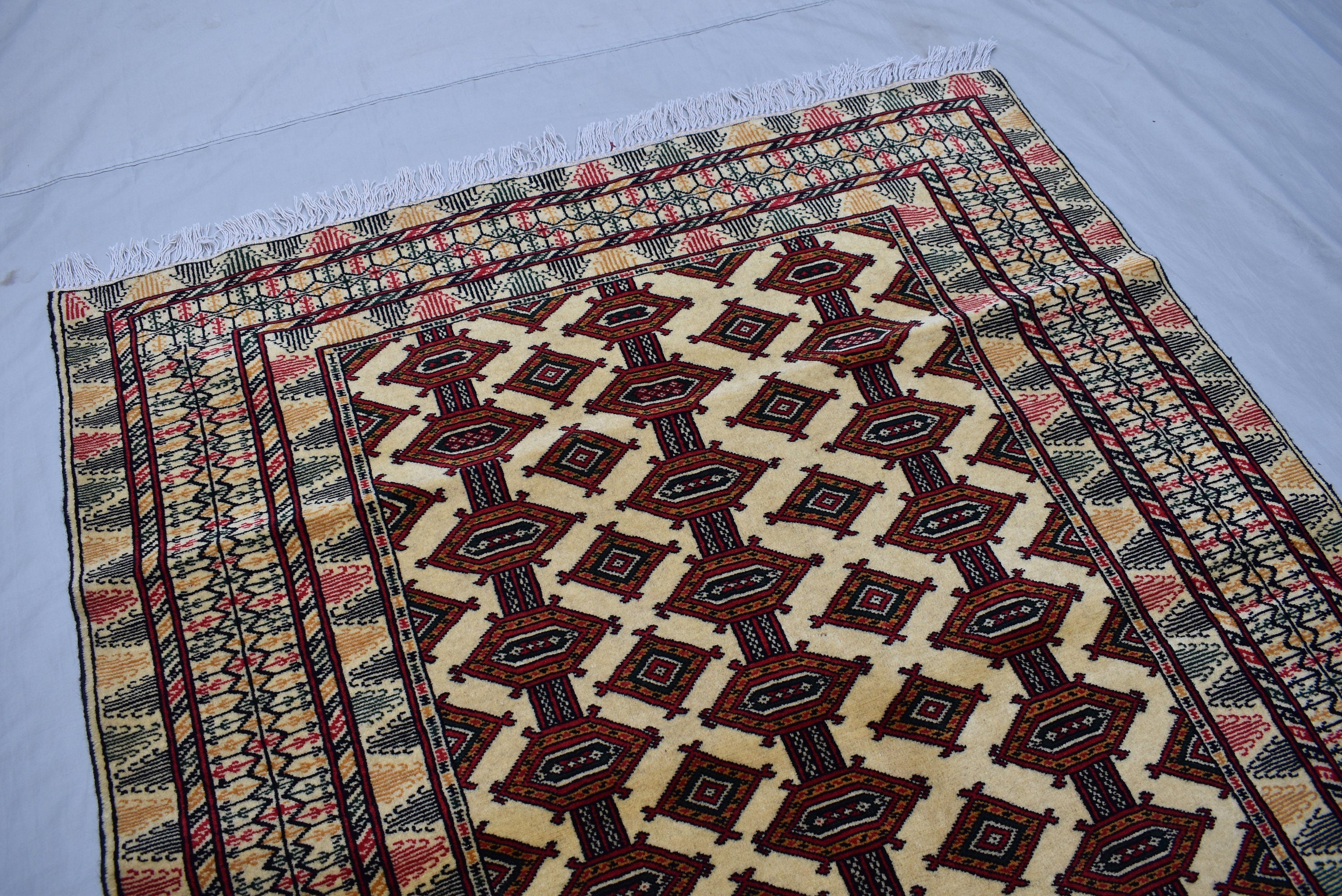 4x6 Beige Vintage Rug, Afghan Hand Knotted Wool Area Rug-Tribal Turkoman Rug-Bukhara Tekke Oriental Rug-Antique Living Room Bedroom Rug