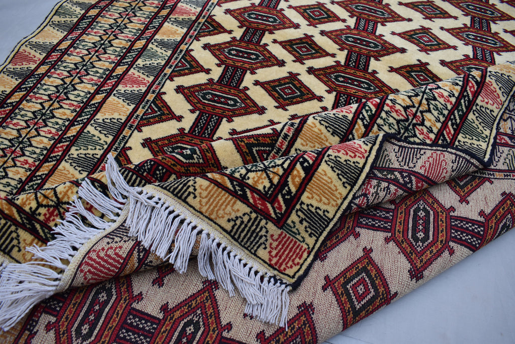 4x6 Beige Vintage Rug, Afghan Hand Knotted Wool Area Rug-Tribal Turkoman Rug-Bukhara Tekke Oriental Rug-Antique Living Room Bedroom Rug