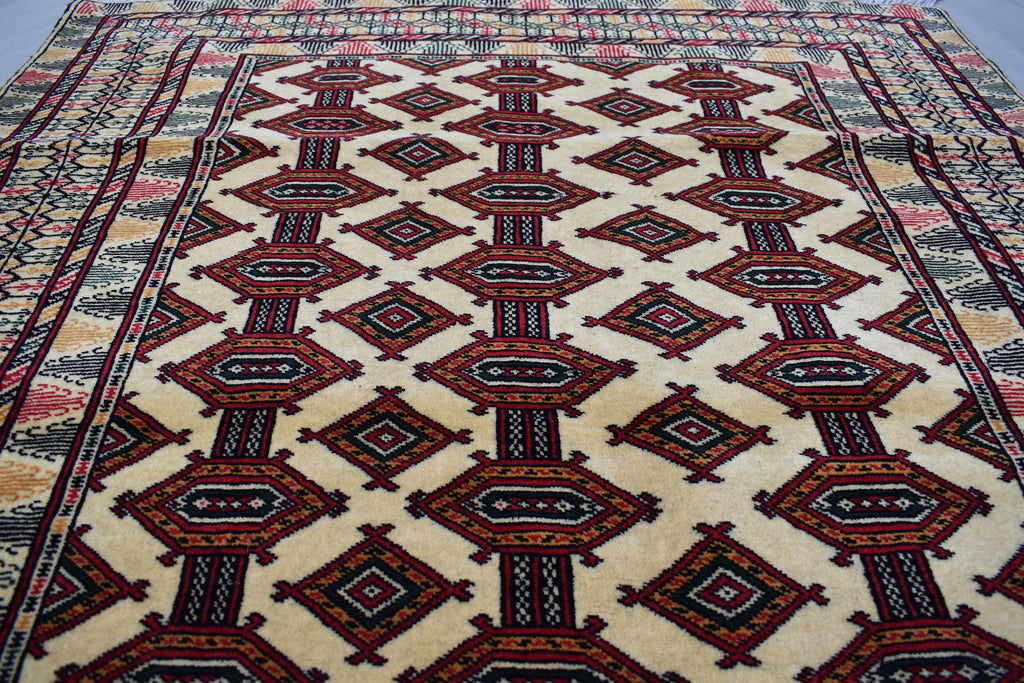 4x6 Beige Vintage Rug, Afghan Hand Knotted Wool Area Rug-Tribal Turkoman Rug-Bukhara Tekke Oriental Rug-Antique Living Room Bedroom Rug