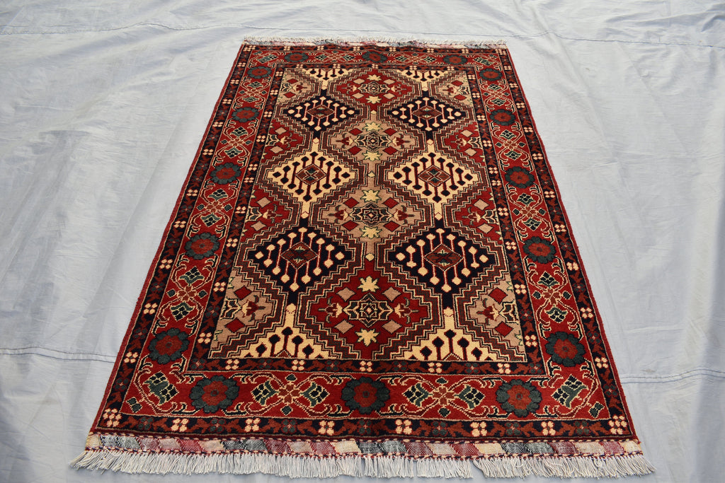 5x3 Burgundy and Beige Afghan Handmade Tribal Handwoven Carpet, Medium Size Rug For Bedroom, Office, Living Room, Eclectic Interiors