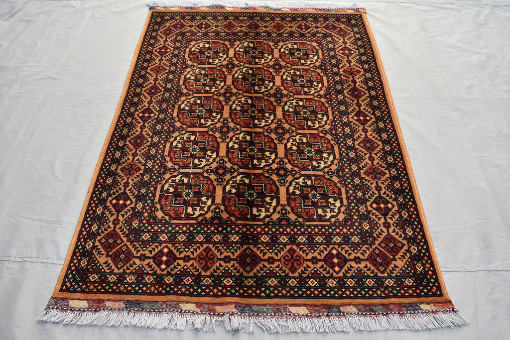 Hand-Knotted Afghan Bokhara Rug 4.10x3.3ft – High-Quality Tribal Wool Area Rug | 3x5 Oriental Afghan Rug | Living Room or Entryway Decor