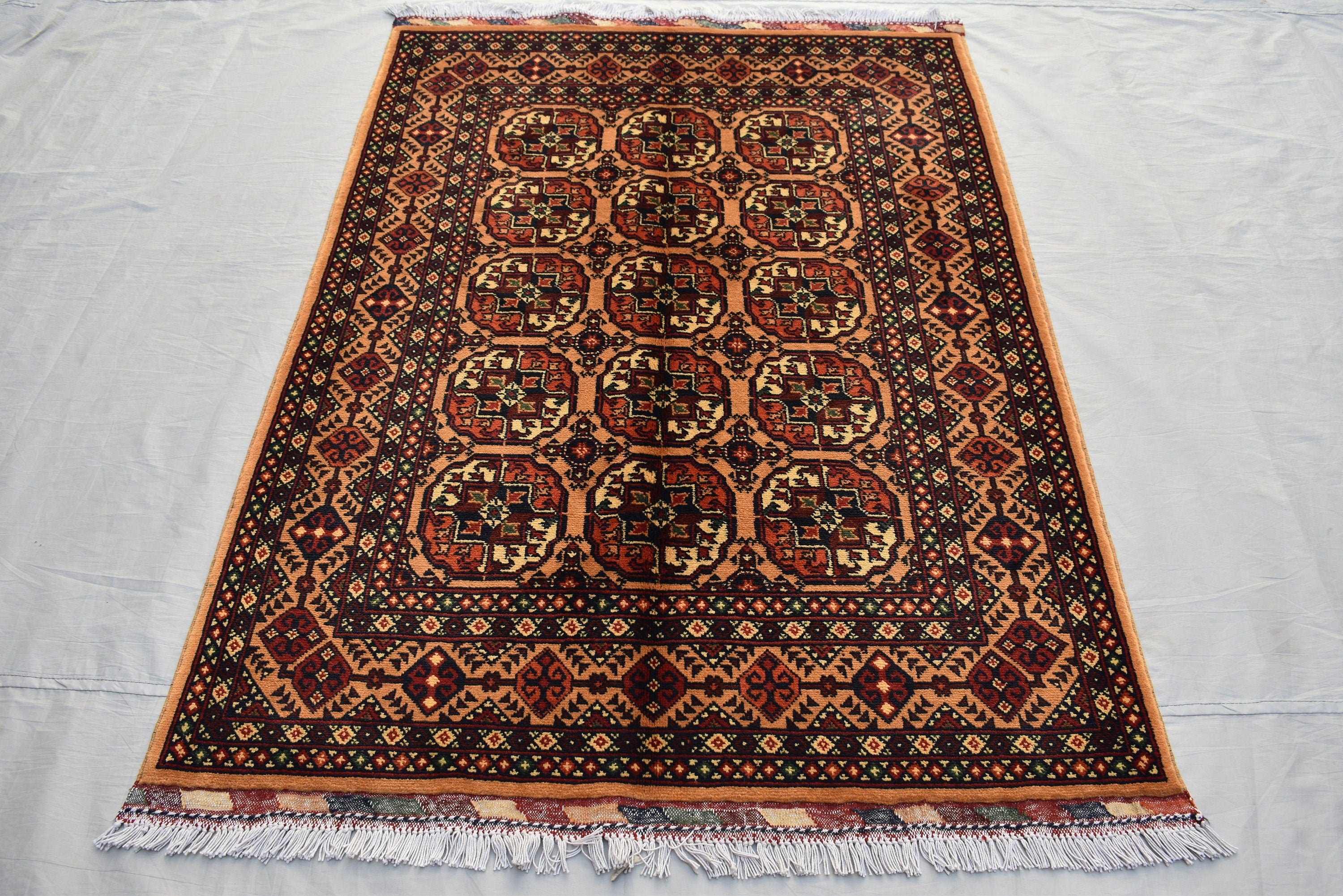 Hand-Knotted Afghan Bokhara Rug 4.10x3.3ft – High-Quality Tribal Wool Area Rug | 3x5 Oriental Afghan Rug | Living Room or Entryway Decor