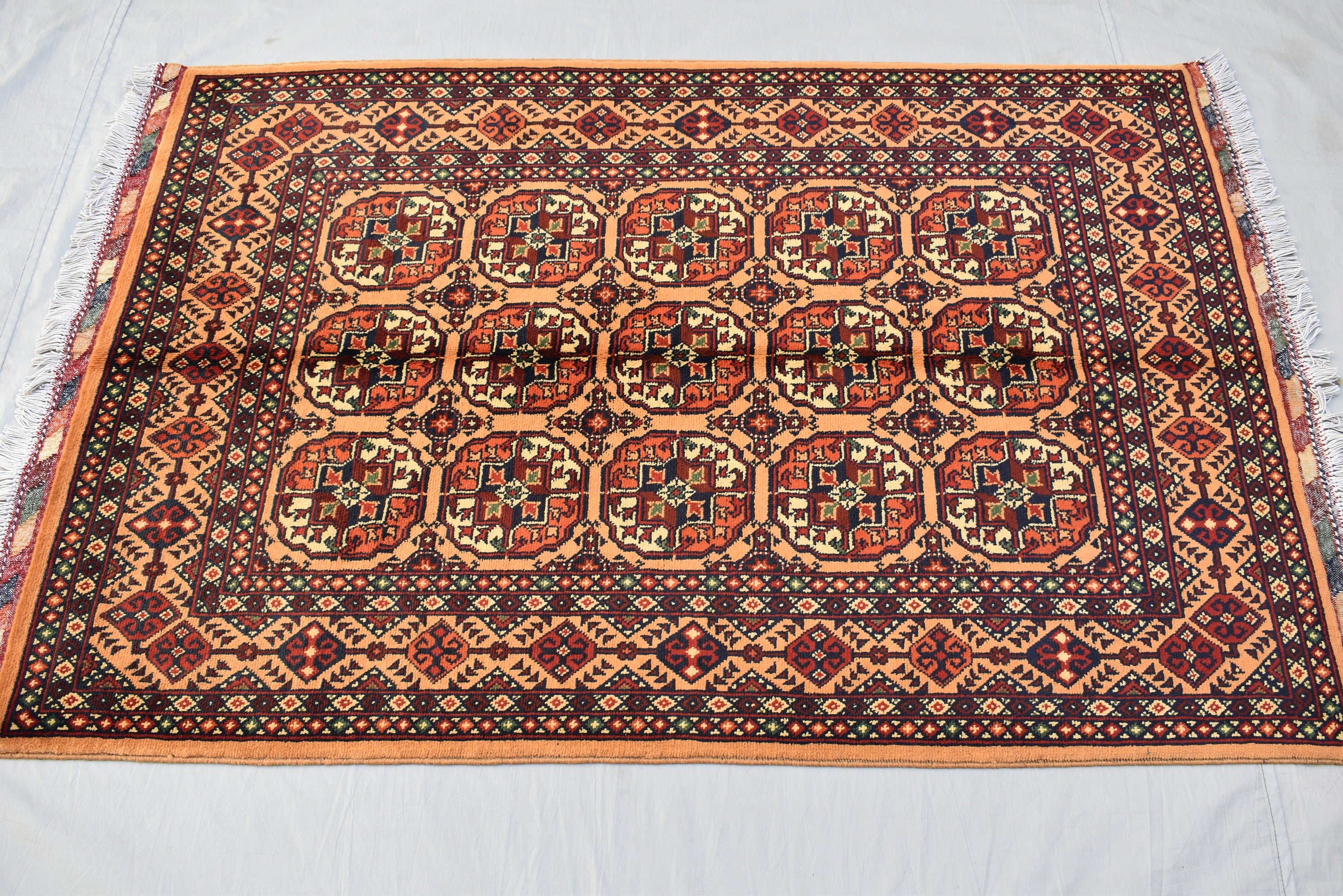Hand-Knotted Afghan Bokhara Rug 4.10x3.3ft – High-Quality Tribal Wool Area Rug | 3x5 Oriental Afghan Rug | Living Room or Entryway Decor