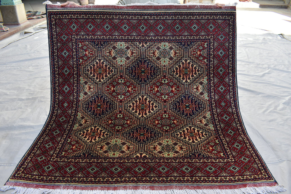 Squair rug 4x5Ft, Top Quality Gorgeous, Handmade Afghan rug, Afghan Turkmen, 100%Wool, Oriental rug, Rug for Living Room, Bedroom Rug