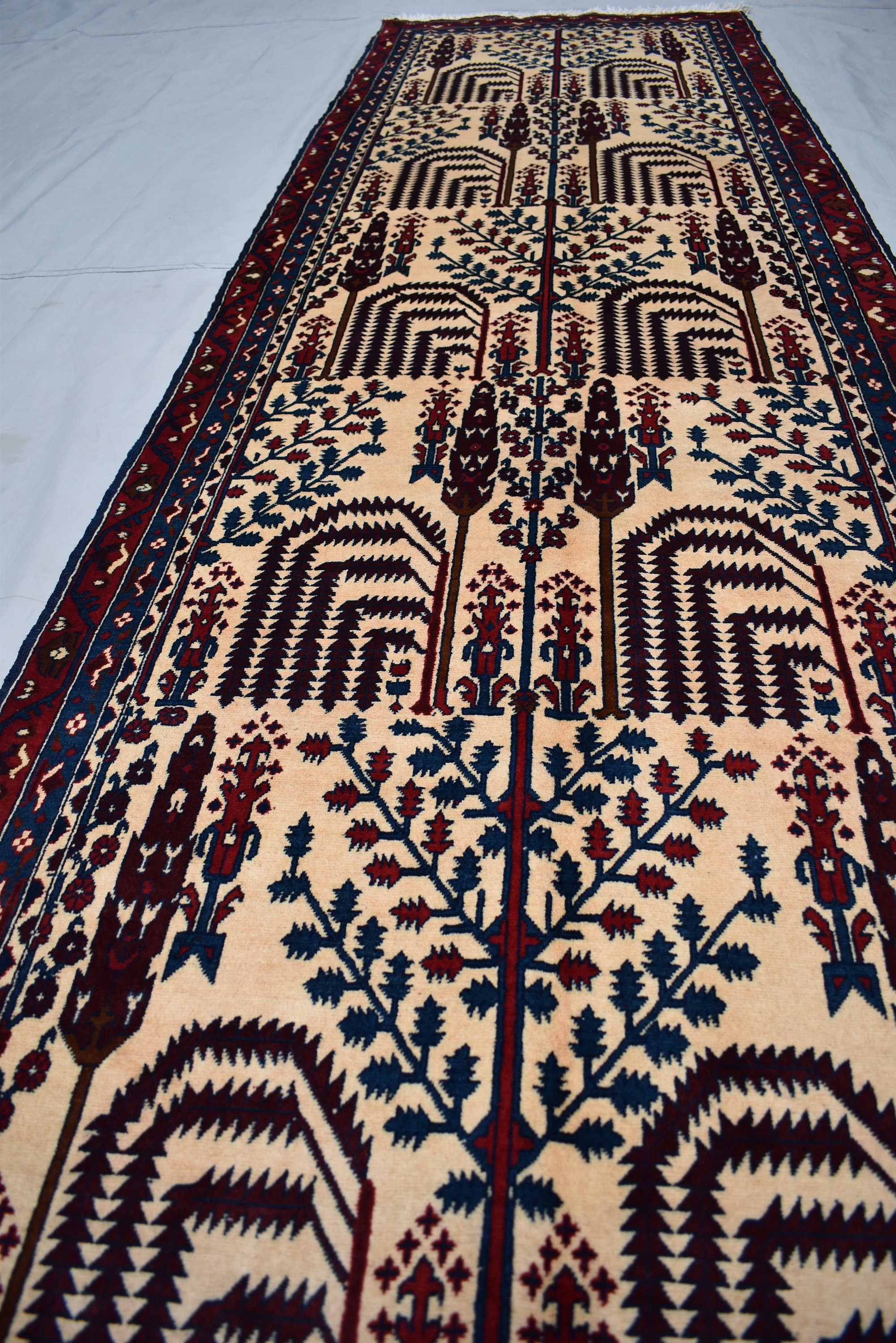 9.7 x 2.10 Ft Afghan Tree Of Life Hallway Rug Bokhara Beljik Corridor Runner Rug Turkmen Handmade Runner Wool Rug Vintage Runner Rug