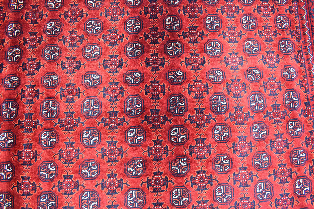 5x6ft, Hoja Roshnai Afghan Rug –Turkmen Hand-Knotted Wool Tribal Carpet–Red & Navy Oriental Area Rug–Traditional Afghan Home Decor 195x154cm