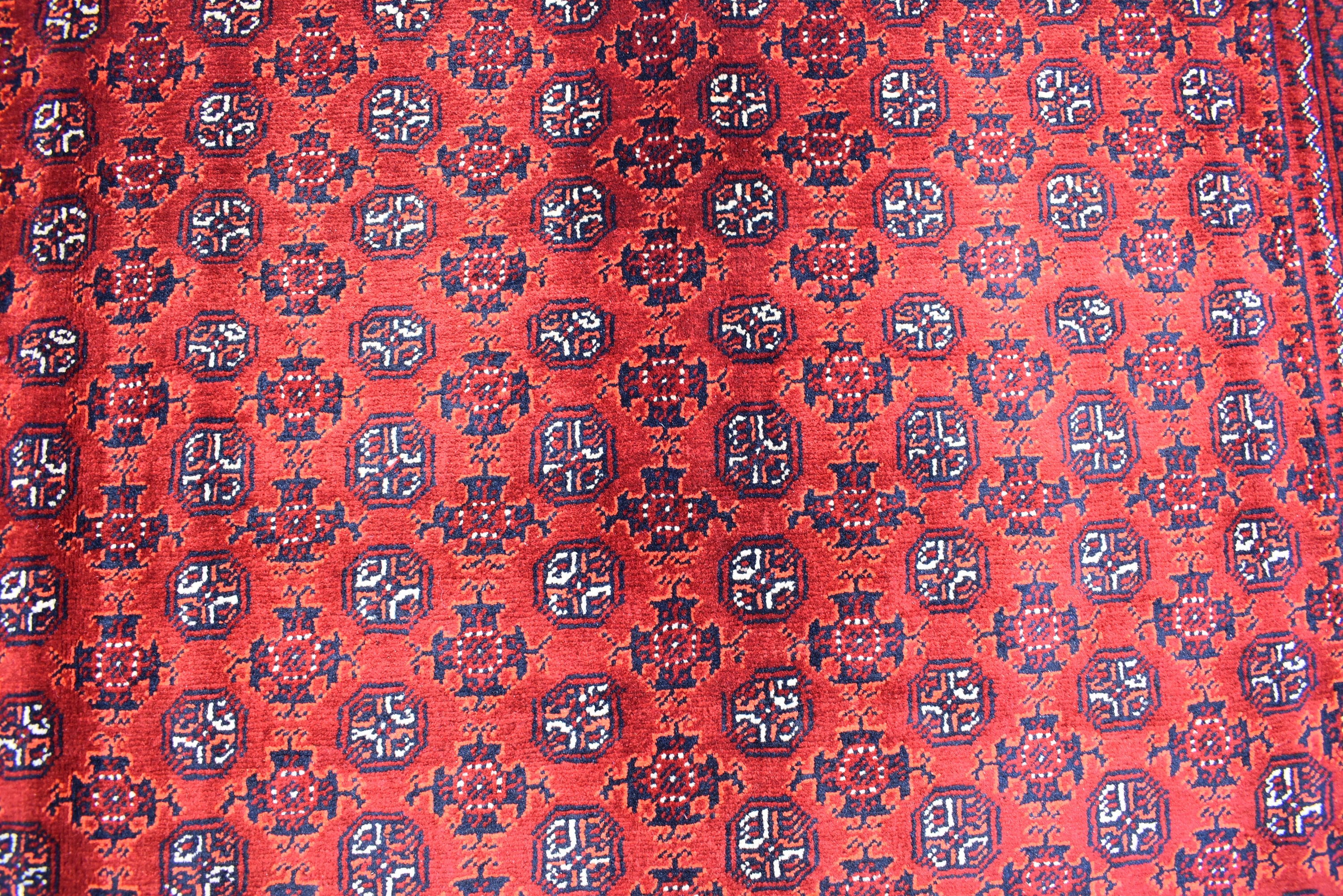 5x6ft, Hoja Roshnai Afghan Rug –Turkmen Hand-Knotted Wool Tribal Carpet–Red & Navy Oriental Area Rug–Traditional Afghan Home Decor 195x154cm