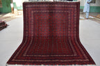5x6ft, Hoja Roshnai Afghan Rug –Turkmen Hand-Knotted Wool Tribal Carpet–Red & Navy Oriental Area Rug–Traditional Afghan Home Decor 195x154cm