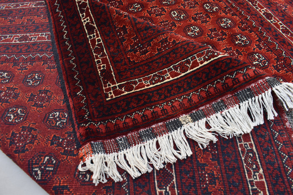 5x6ft, Hoja Roshnai Afghan Rug –Turkmen Hand-Knotted Wool Tribal Carpet–Red & Navy Oriental Area Rug–Traditional Afghan Home Decor 195x154cm