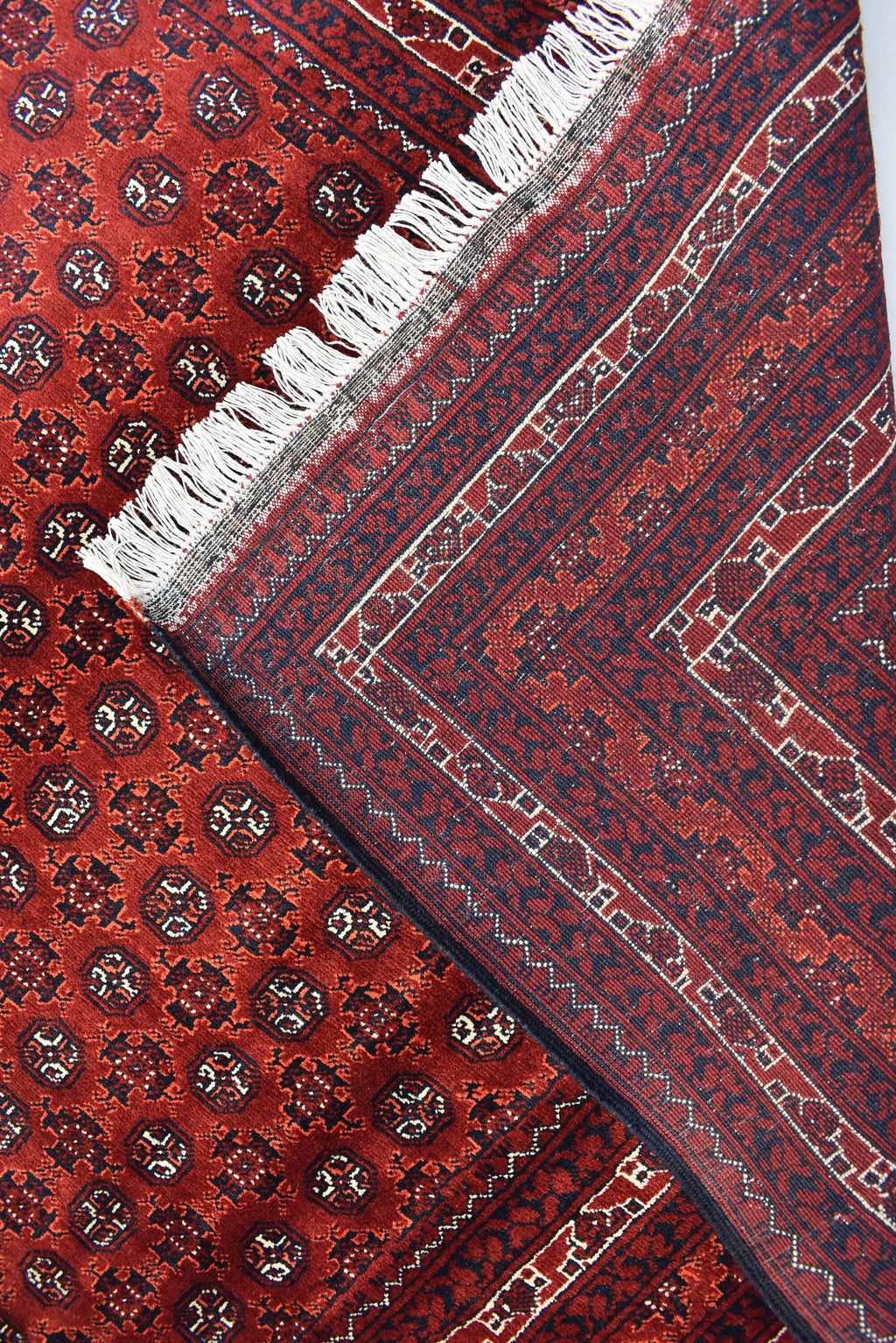 5x6ft, Hoja Roshnai Afghan Rug –Turkmen Hand-Knotted Wool Tribal Carpet–Red & Navy Oriental Area Rug–Traditional Afghan Home Decor 195x154cm