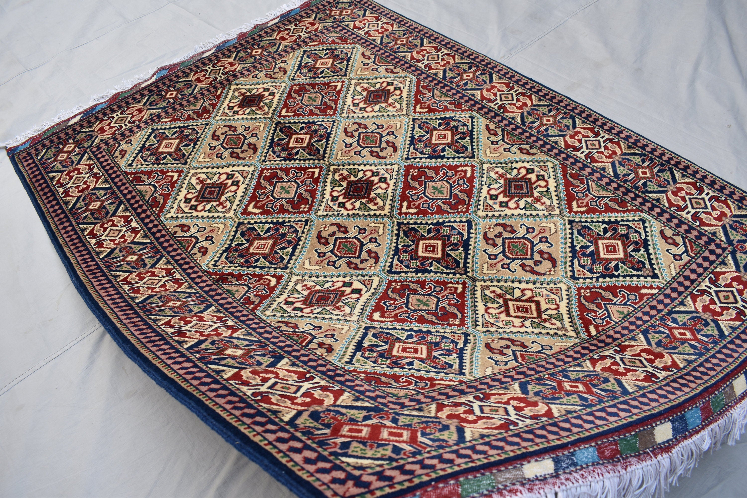 5x7 Multi Colored Turkoman Oriental Soft Wool Rug- Afghan Hand Knotted Boho Design Area Rug- 150x200 cm Organic Wool Pile Living Room Rug
