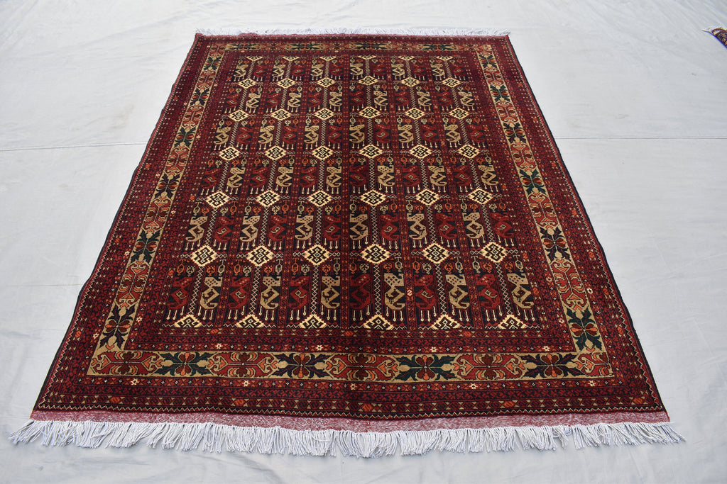 5x7Ft, Afghan Geometric Wool Rug – Hand-Knotted Turkmen Area Carpet, Oriental Living Room or Dining Room Rug, Boho Area Rug 200x150 cm