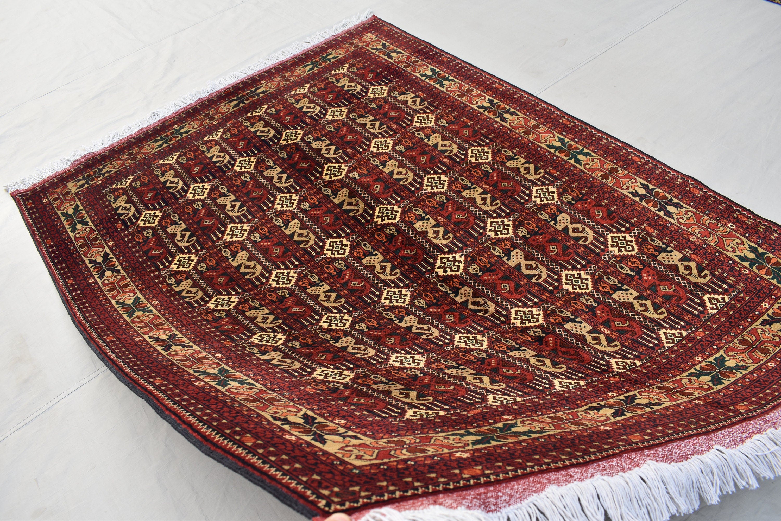 5x7Ft, Afghan Geometric Wool Rug – Hand-Knotted Turkmen Area Carpet, Oriental Living Room or Dining Room Rug, Boho Area Rug 200x150 cm