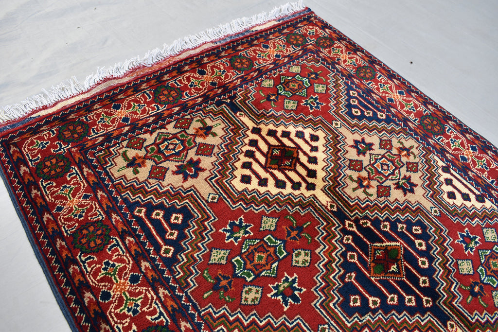 3x7Ft, Red Afghan Hand Knotted Hallway Rug-Geometric Pattern Runner rug-200x100 cm Turkmen Bokhara Runner Rug For Entry way-Kitchen Rug
