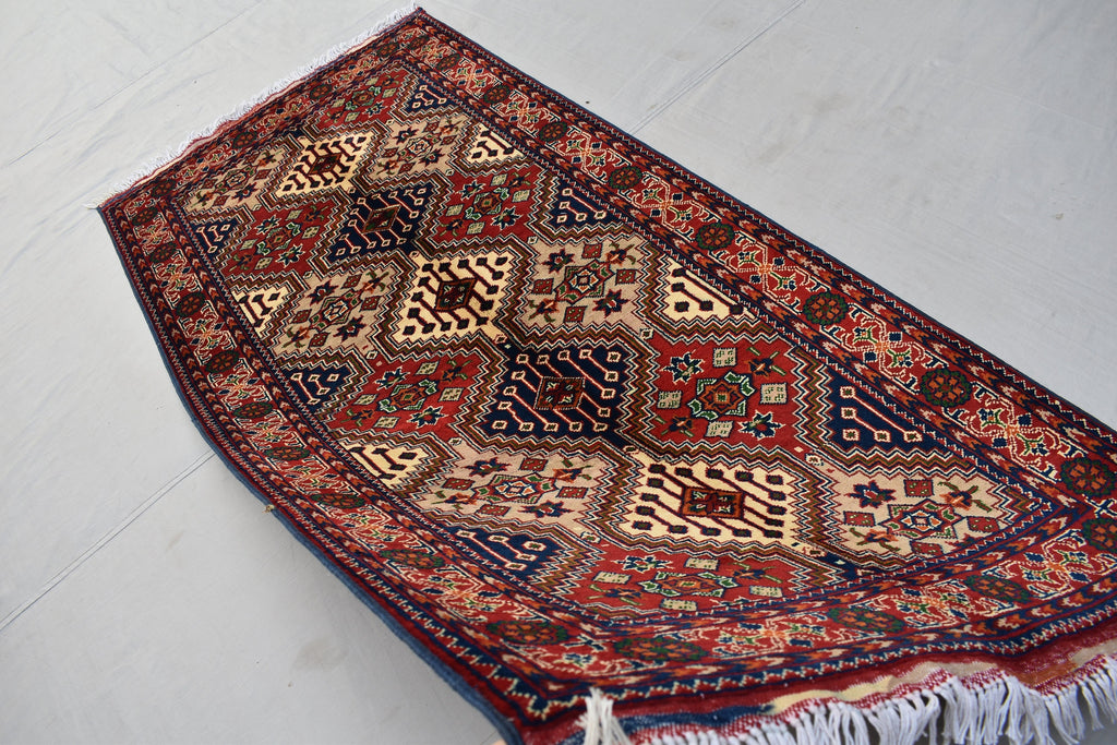 3x7Ft, Red Afghan Hand Knotted Hallway Rug-Geometric Pattern Runner rug-200x100 cm Turkmen Bokhara Runner Rug For Entry way-Kitchen Rug