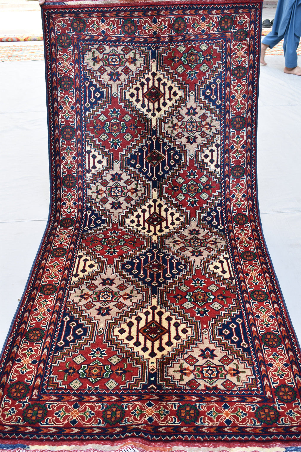3x7Ft, Red Afghan Hand Knotted Hallway Rug-Geometric Pattern Runner rug-200x100 cm Turkmen Bokhara Runner Rug For Entry way-Kitchen Rug