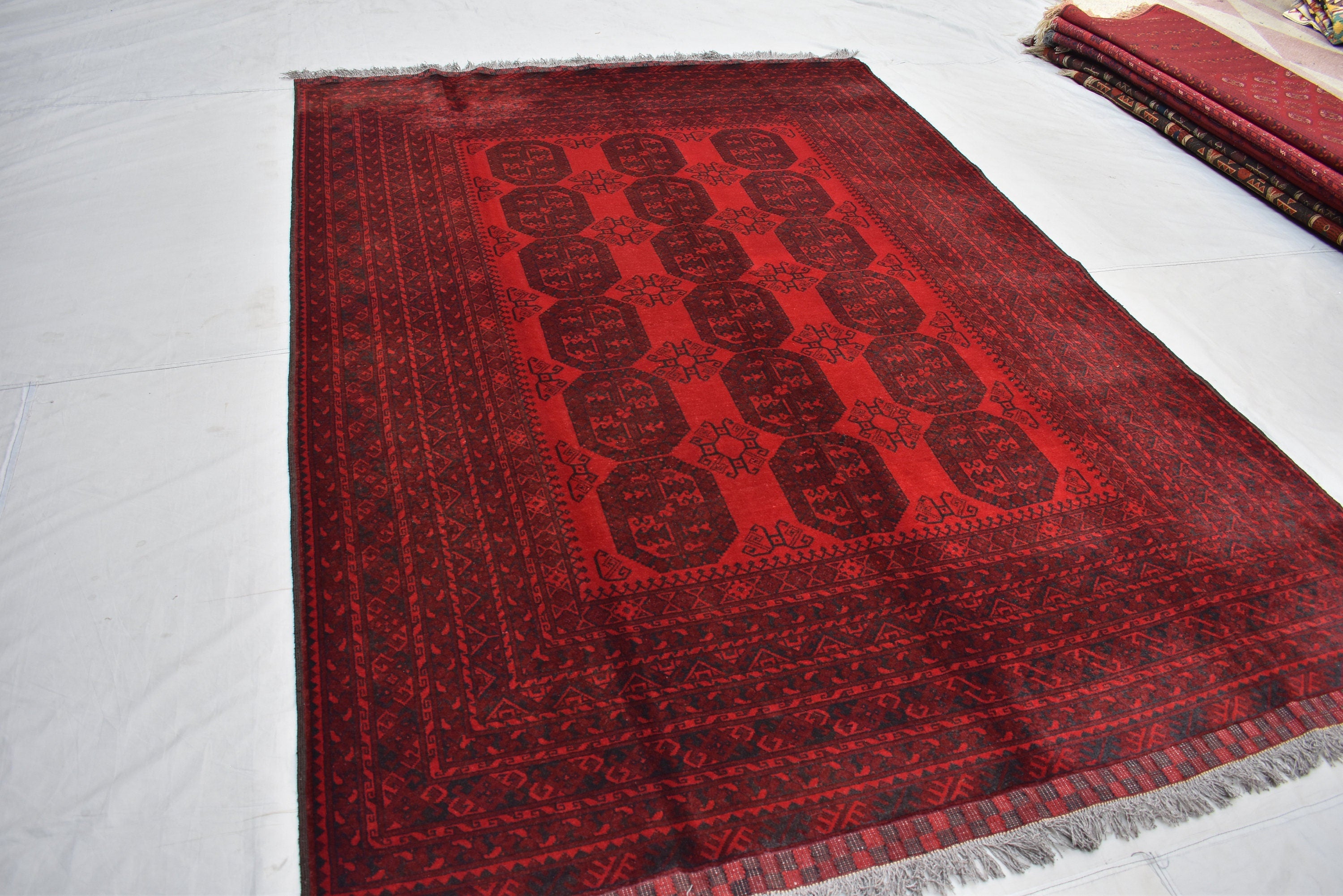 10x7 Afghan Elephant Foot Print Vintage Rug Turkmen, Geometric Pattern, Bedroom Rug, Handwoven Afghan Wool Rug, Living Room Rug, 9.9x6.7 ft