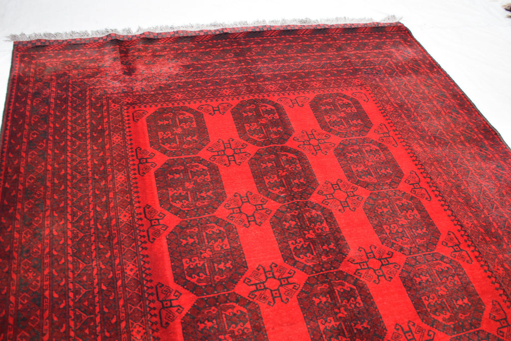 10x7 Afghan Elephant Foot Print Vintage Rug Turkmen, Geometric Pattern, Bedroom Rug, Handwoven Afghan Wool Rug, Living Room Rug, 9.9x6.7 ft
