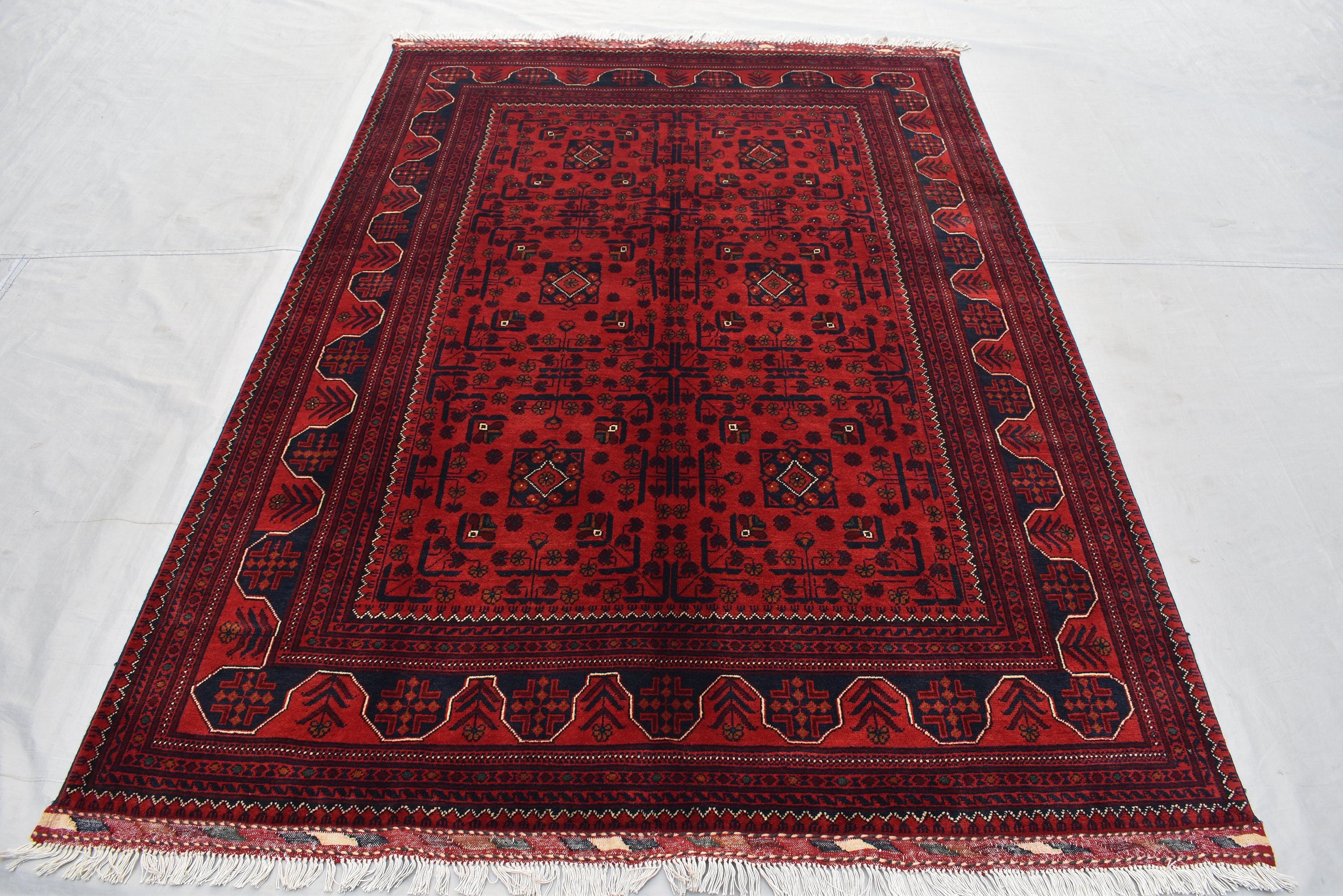 6.11 x4.10 Ft Afghan Bukhara Rug, Afghan Handmade Wool Rug, Oriental Turkoman Hand-knotted Wool Rug, Living Room Rug, Bedroom Rug Afghan Rug