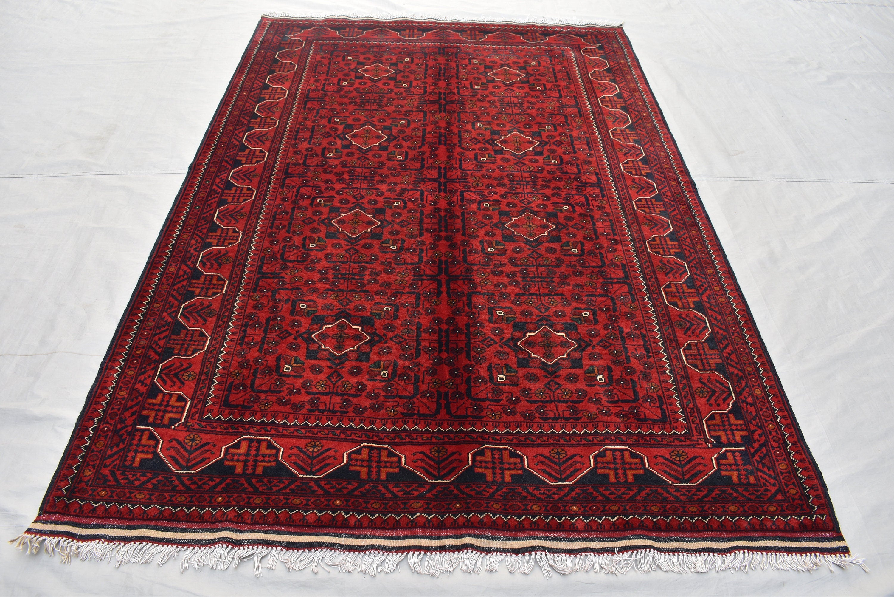 7.5×4.11 Ft Afghan Bukhara Rug, Afghan Handmade Wool Rug, Oriental Turkoman Hand-knotted Wool Rug, Living Room Rug, Bedroom Rug, Afghan Rug