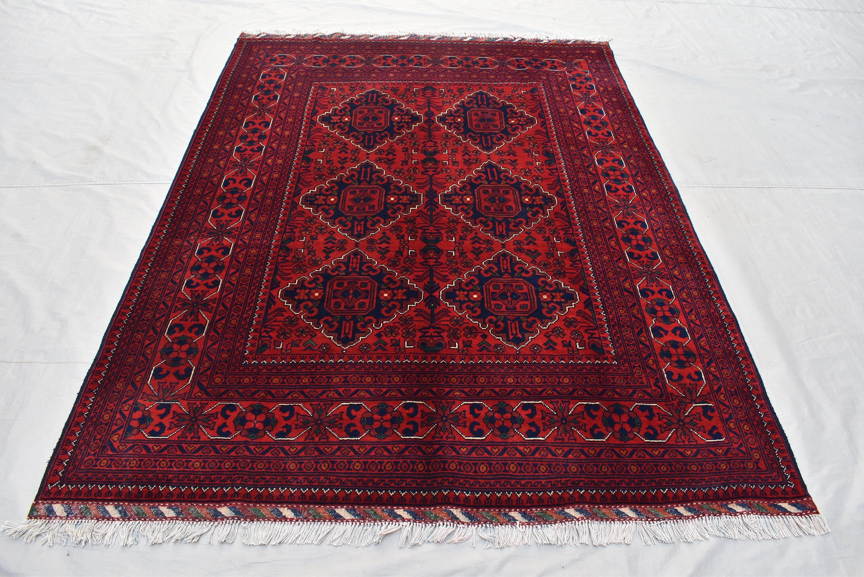 5x7 Handmade Bukhara Afghan Rug–Rich Red & Navy Blue Tribal Design, Premium Wool, Traditional Floor Carpet, Boho Living Room Decor 6.11x5.1