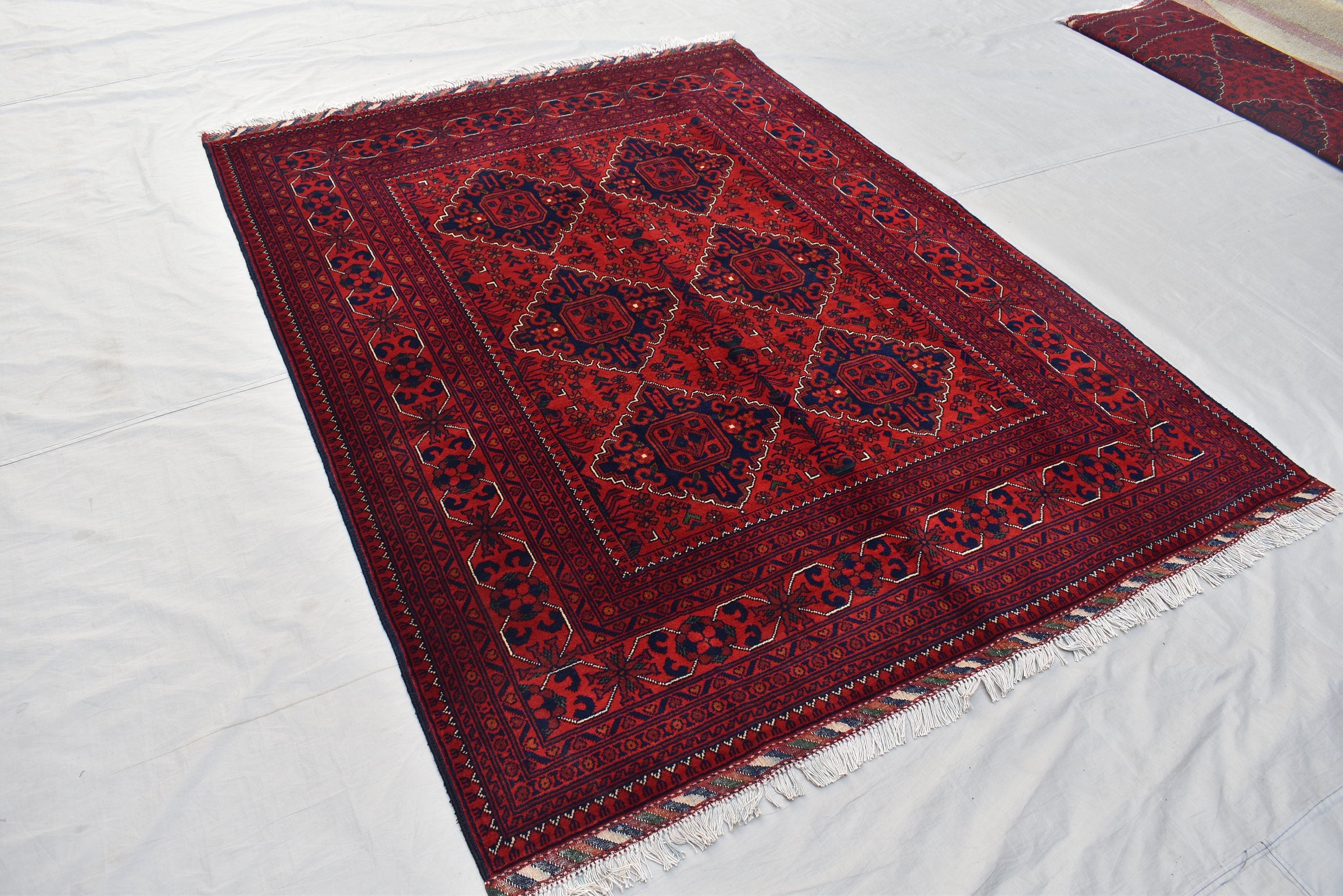 5x7 Handmade Bukhara Afghan Rug–Rich Red & Navy Blue Tribal Design, Premium Wool, Traditional Floor Carpet, Boho Living Room Decor 6.11x5.1