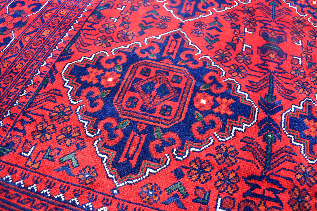 5x7 Handmade Bukhara Afghan Rug–Rich Red & Navy Blue Tribal Design, Premium Wool, Traditional Floor Carpet, Boho Living Room Decor 6.11x5.1