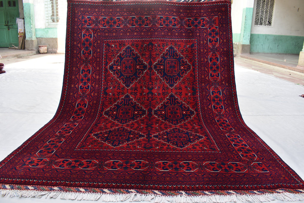5x7 Handmade Bukhara Afghan Rug–Rich Red & Navy Blue Tribal Design, Premium Wool, Traditional Floor Carpet, Boho Living Room Decor 6.11x5.1