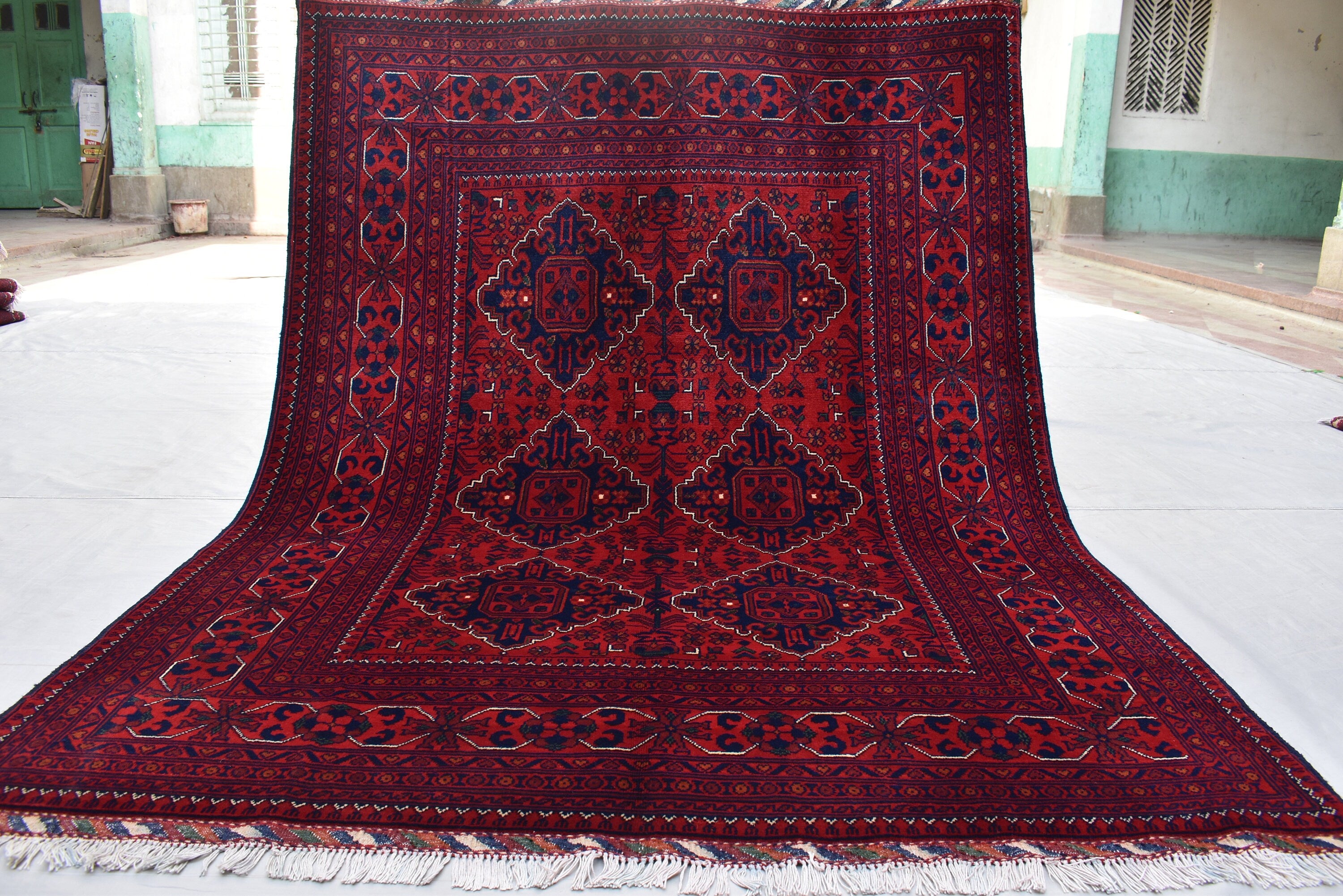 5x7 Handmade Bukhara Afghan Rug–Rich Red & Navy Blue Tribal Design, Premium Wool, Traditional Floor Carpet, Boho Living Room Decor 6.11x5.1