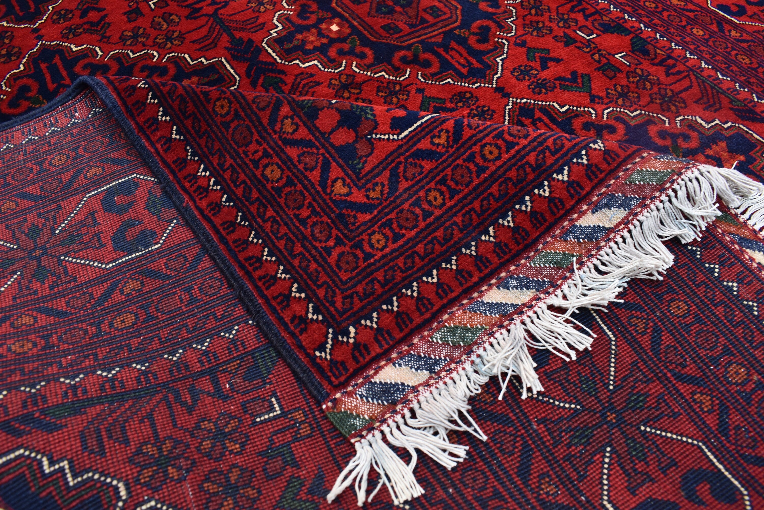 5x7 Handmade Bukhara Afghan Rug–Rich Red & Navy Blue Tribal Design, Premium Wool, Traditional Floor Carpet, Boho Living Room Decor 6.11x5.1