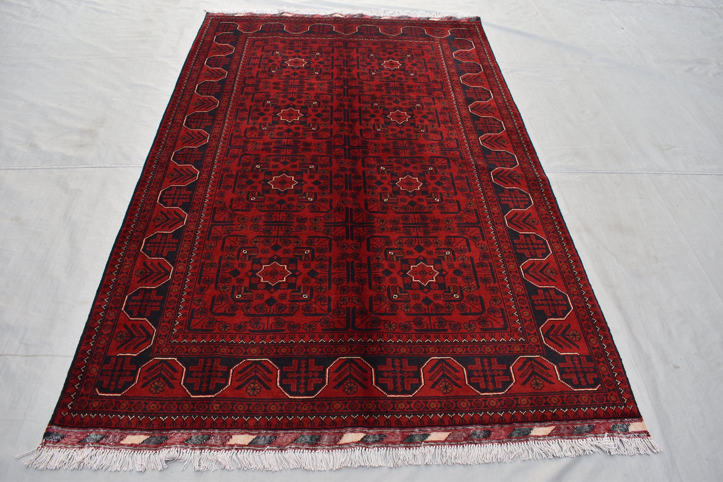 4x7Ft Afghan Handwoven Bukhara Rug, Turkmen Oriental Red Wool Carpet, Rustic Home Decor Bedroom Rug, Living Room Rug, Office Rug, Rug Gift