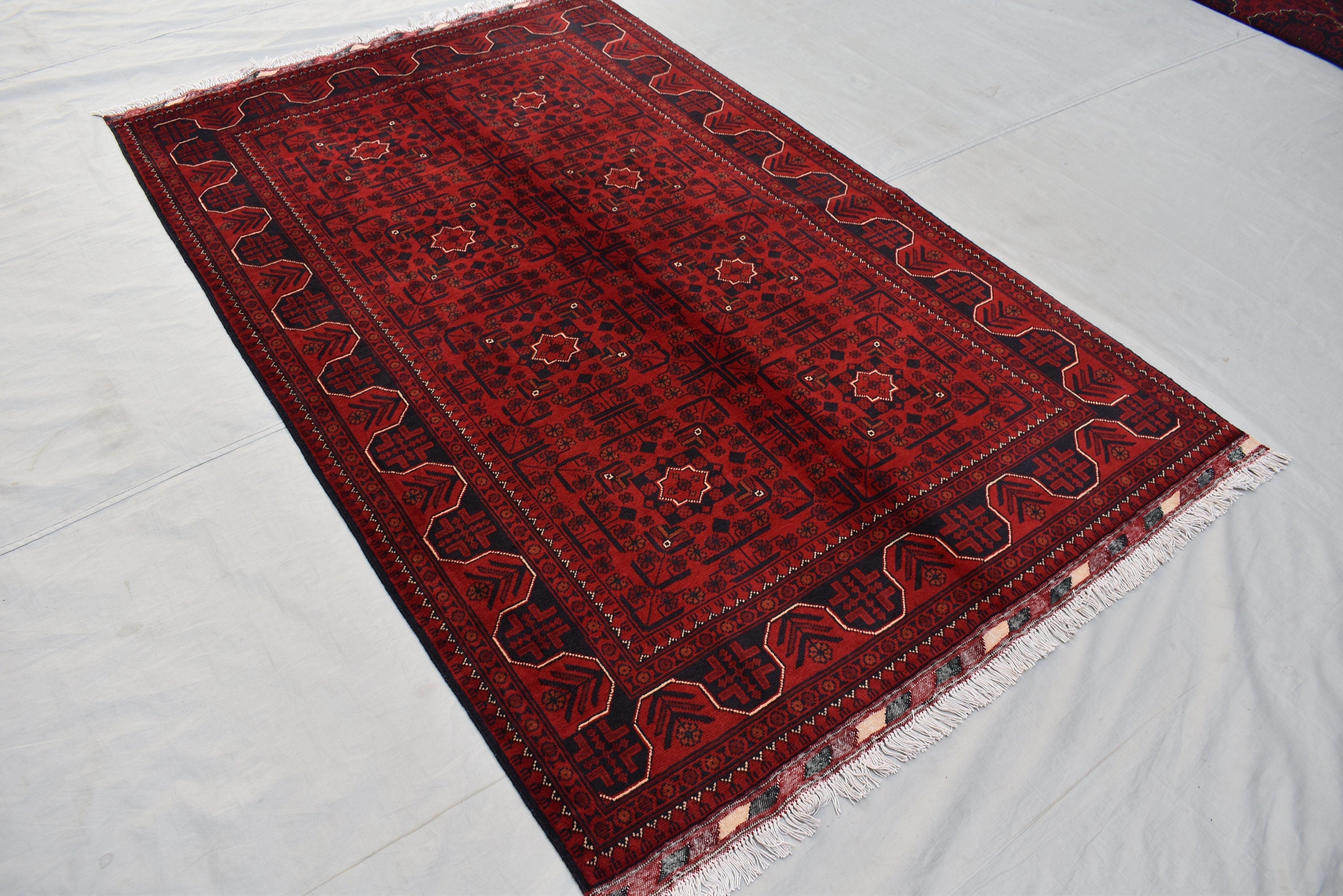 4x7Ft Afghan Handwoven Bukhara Rug, Turkmen Oriental Red Wool Carpet, Rustic Home Decor Bedroom Rug, Living Room Rug, Office Rug, Rug Gift