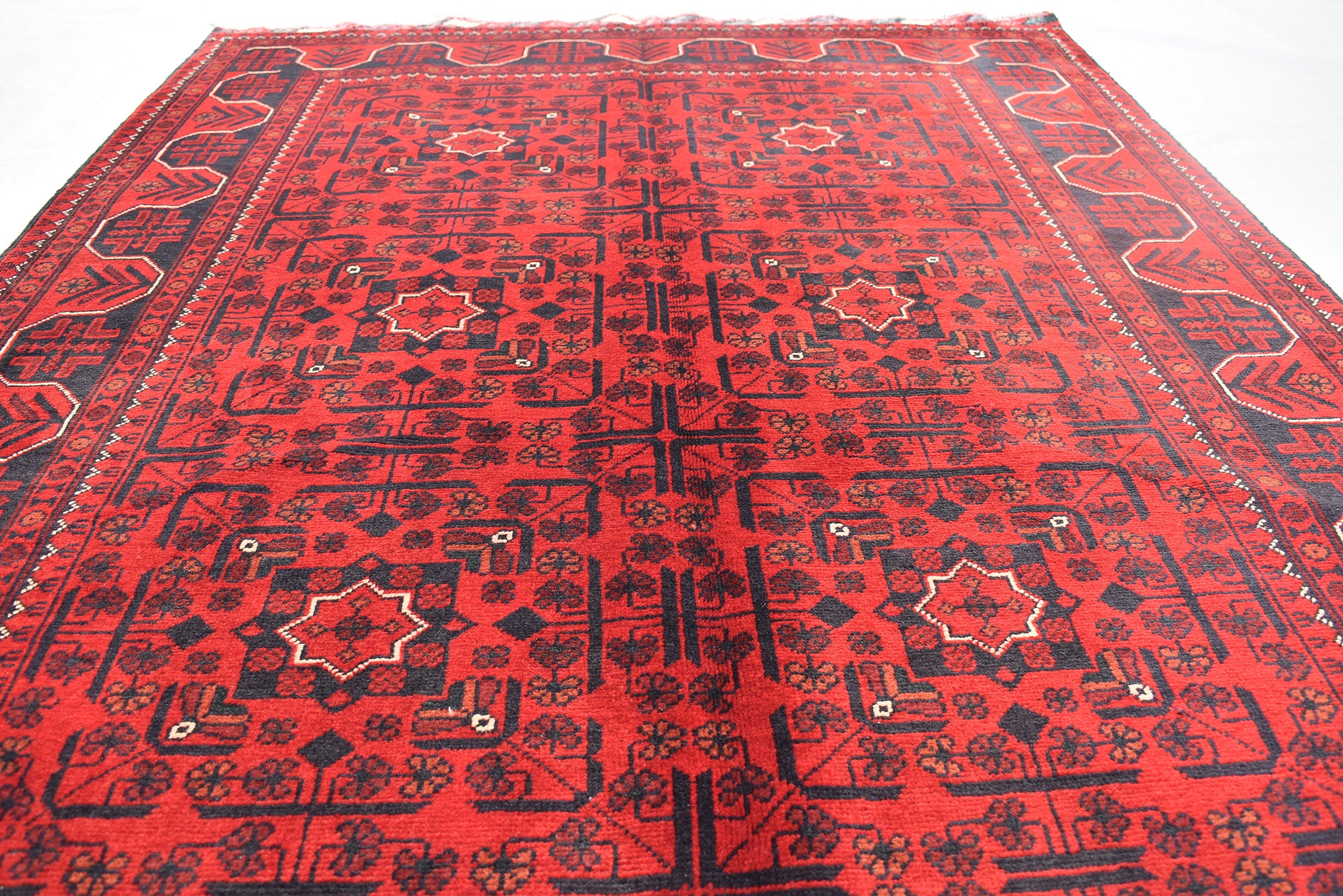 4x7Ft Afghan Handwoven Bukhara Rug, Turkmen Oriental Red Wool Carpet, Rustic Home Decor Bedroom Rug, Living Room Rug, Office Rug, Rug Gift