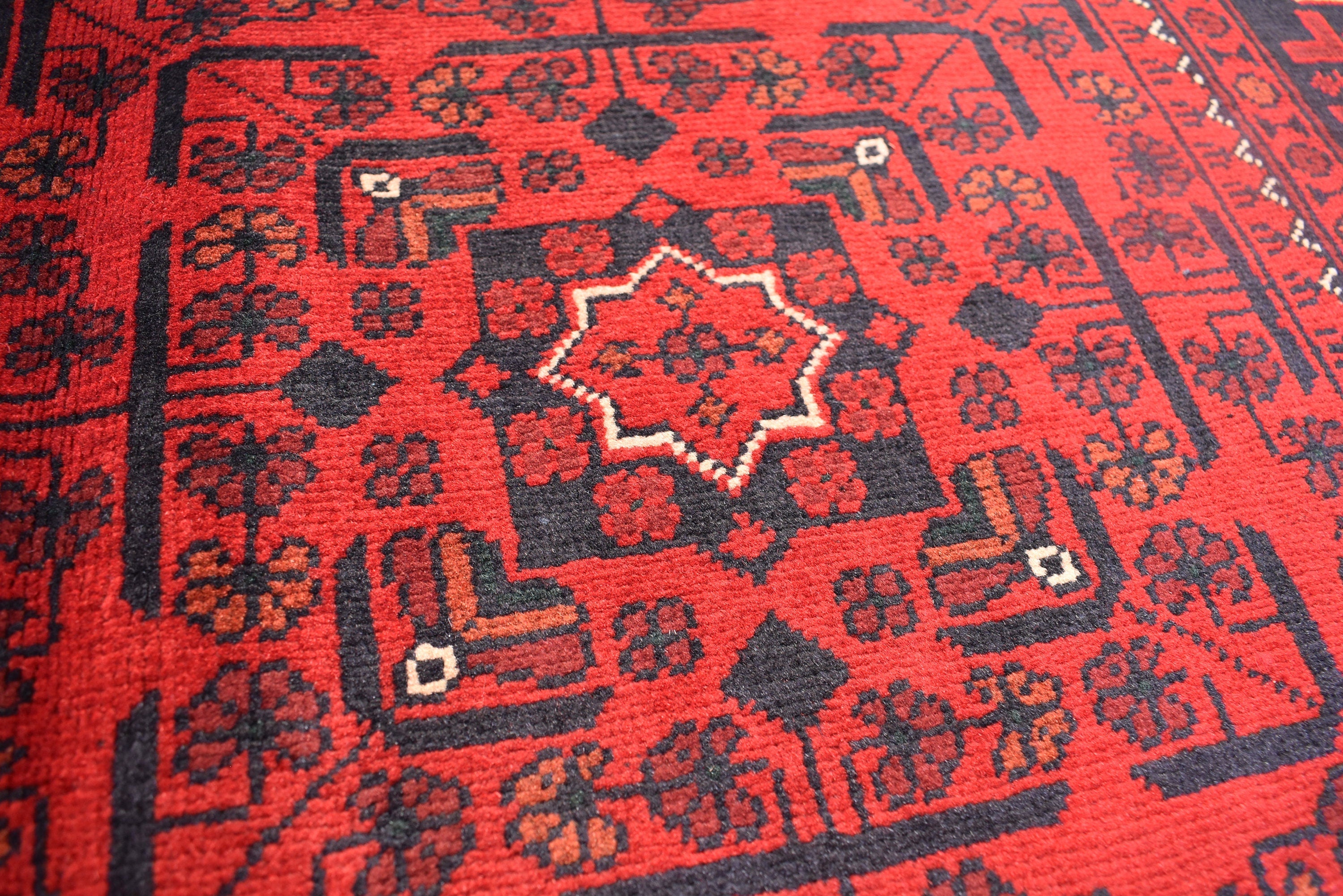 4x7Ft Afghan Handwoven Bukhara Rug, Turkmen Oriental Red Wool Carpet, Rustic Home Decor Bedroom Rug, Living Room Rug, Office Rug, Rug Gift