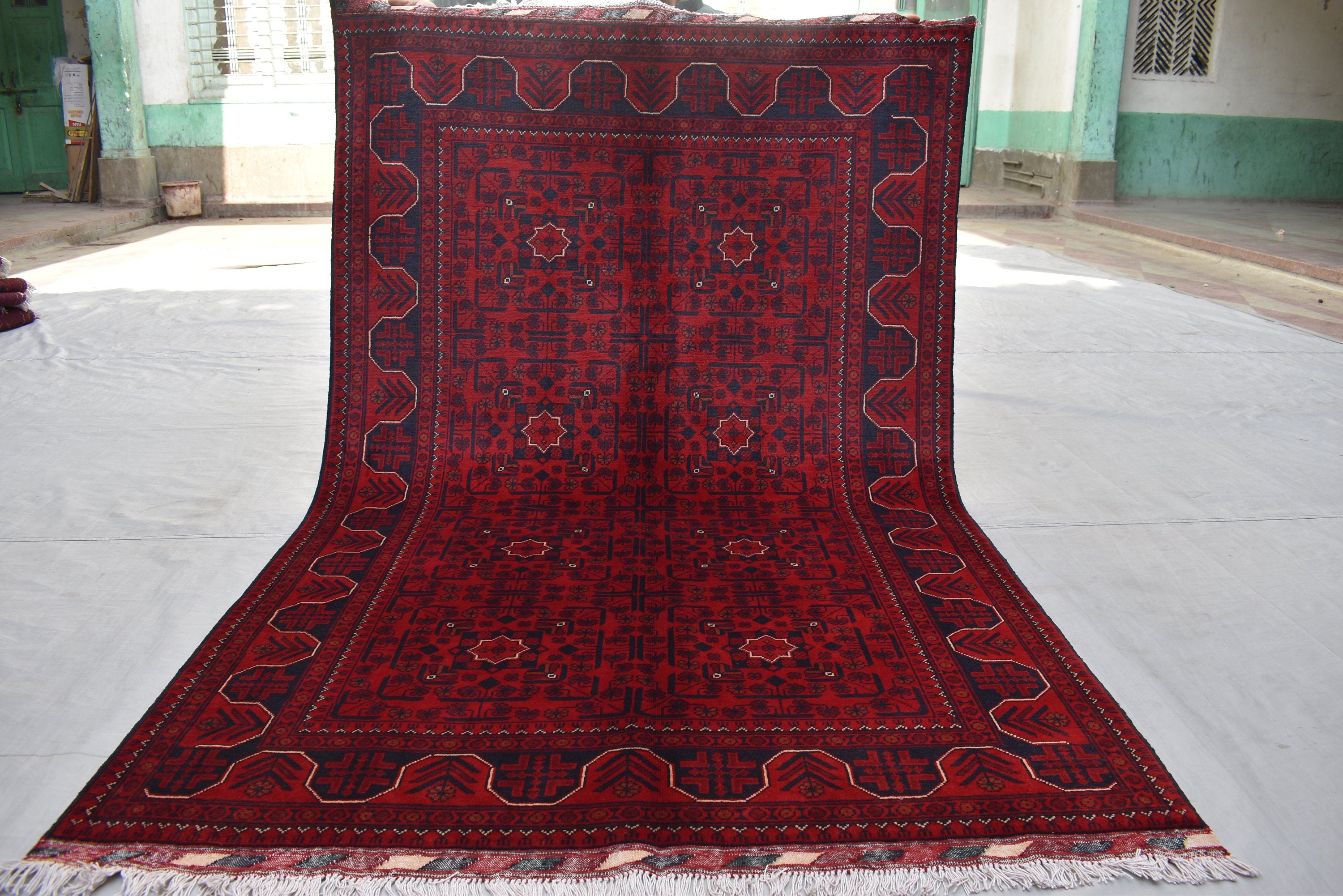 4x7Ft Afghan Handwoven Bukhara Rug, Turkmen Oriental Red Wool Carpet, Rustic Home Decor Bedroom Rug, Living Room Rug, Office Rug, Rug Gift